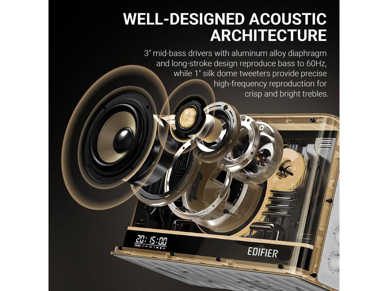 WELL-DESIGNED ACOUSTIC ARCHITECTURE

3" mid-bass drivers with aluminum alloy diaphragm and long-stroke design reproduce bass to 60Hz, while 1" silk dome tweeters provide precise high-frequency reproduction for crisp and bright trebles.

20:15:00

EDIFIER