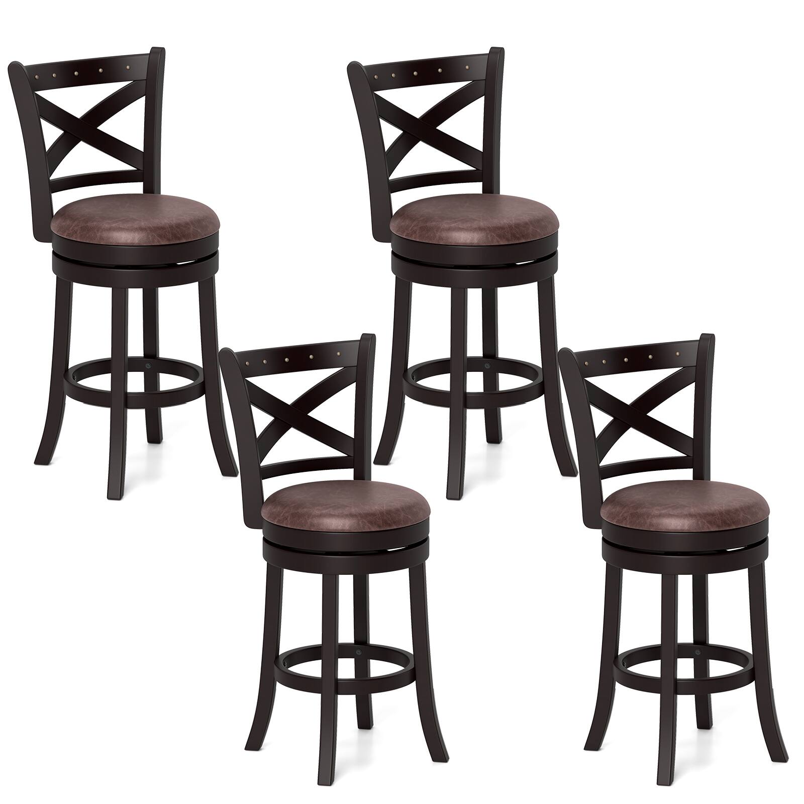 Gymax - 26'' Swivel Bar Stools Set of 4 Footrest & Rubber Wood Frame for Kitchen Island - Coffee, Brown