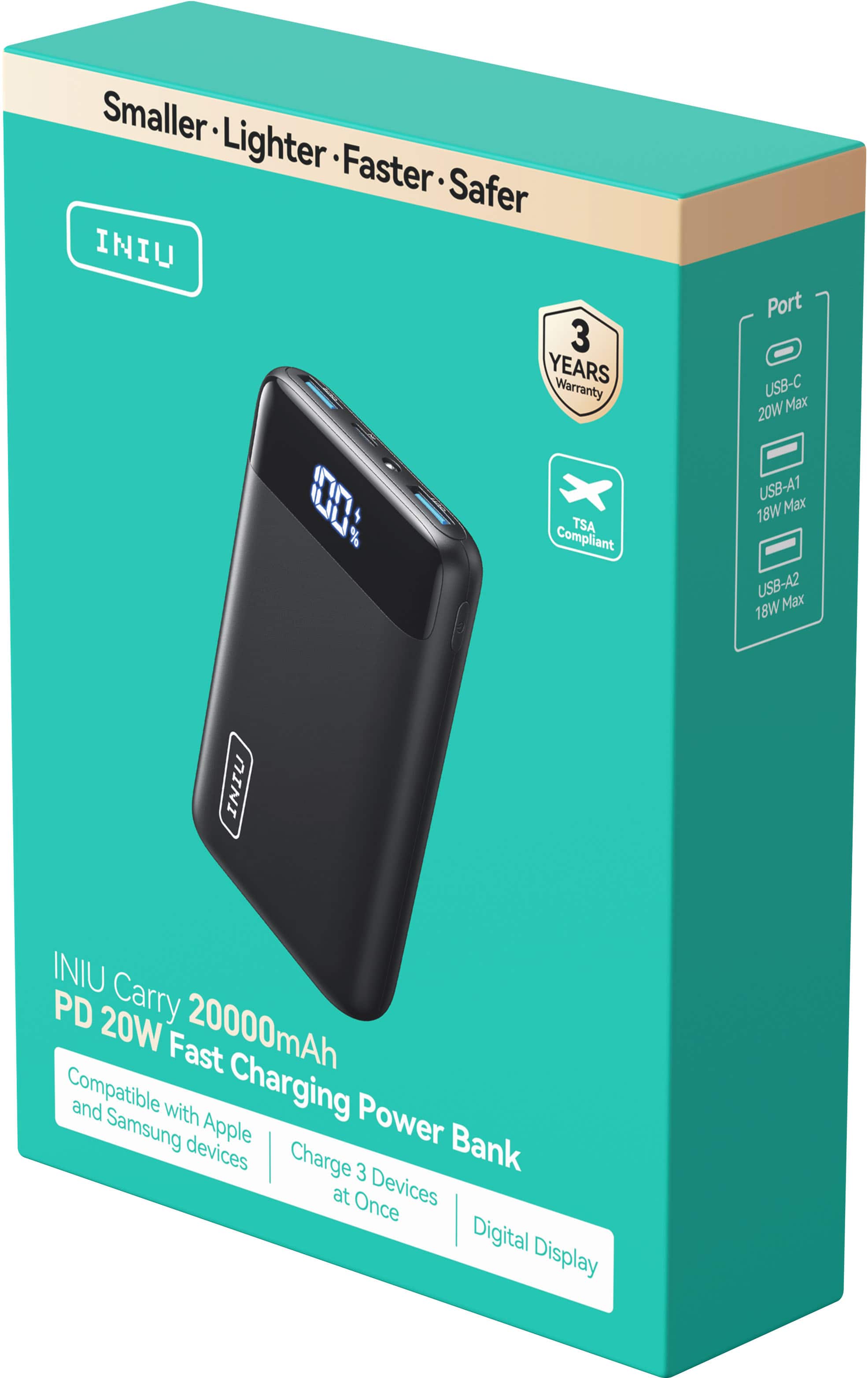 Smaller, Lighter, Faster, Safer
3 Years Warranty
17 TSA Compliant
Port:
- USB-C 20W Max
- USB-A1 18W Max
- USB-A2 18W Max
INIU Carry 20000mAh PD 20W Fast Charging Power Bank
Compatible with Apple and Samsung devices
Charge 3 Devices at Once
Digital Display