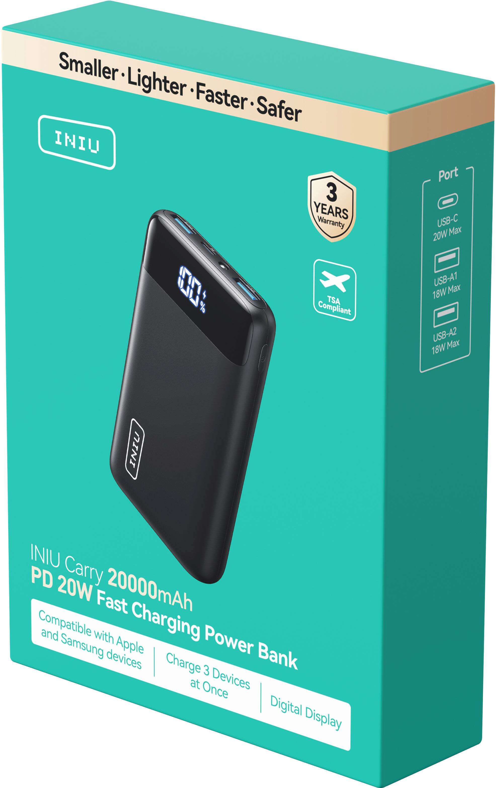 Smaller, Lighter, Faster, Safer

3 Years Warranty

17 TSA Compliant

Port:
- USB-C 20W Max
- USB-A1 18W Max
- USB-A2 18W Max

INIU Carry 20000mAh PD 20W Fast Charging Power Bank

Compatible with Apple and Samsung devices

Charge 3 Devices at Once

Digital Display
