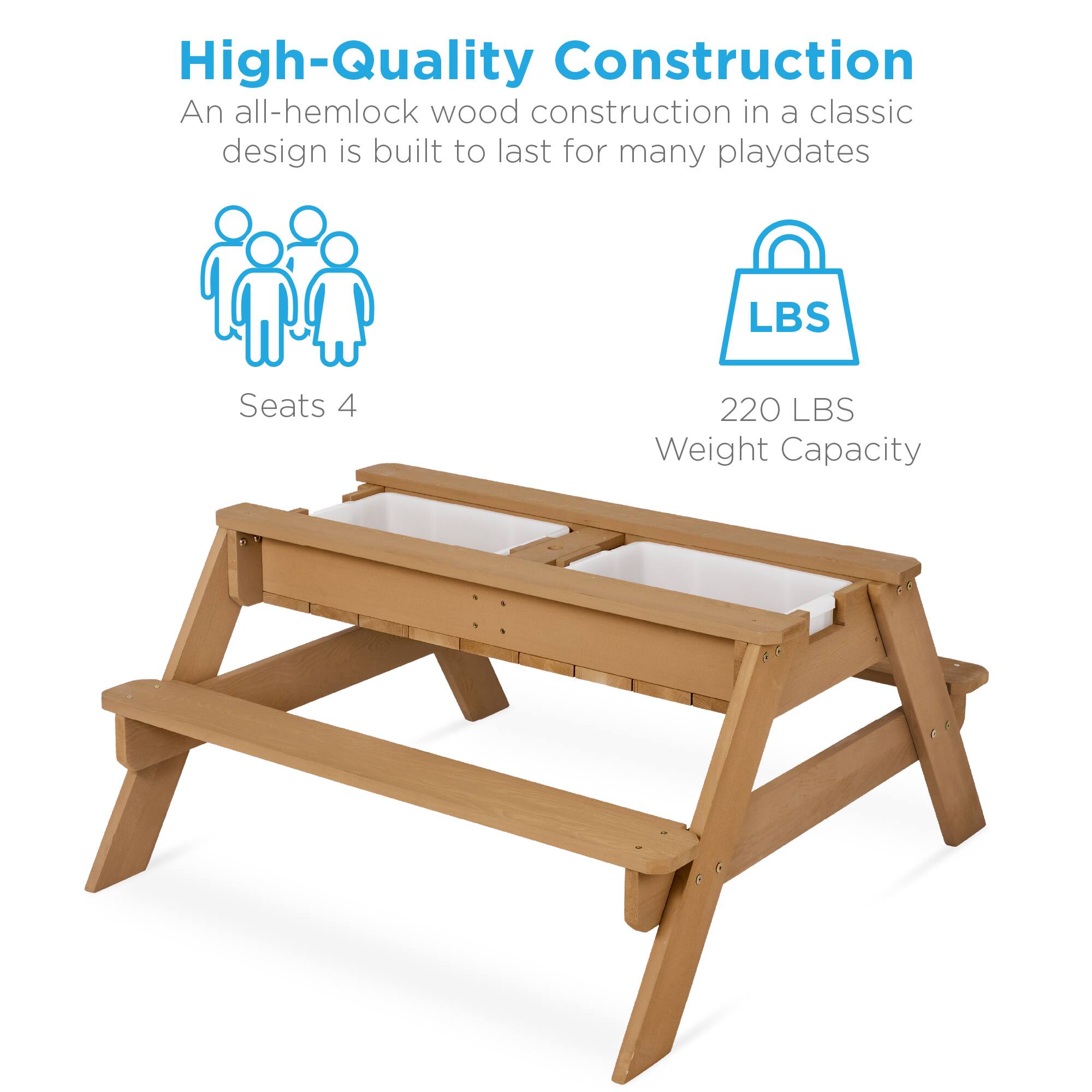 High-Quality Construction  
An all-hemlock wood construction in a classic design is built to last for many playdates  

Seats 4  

220 LBS Weight Capacity