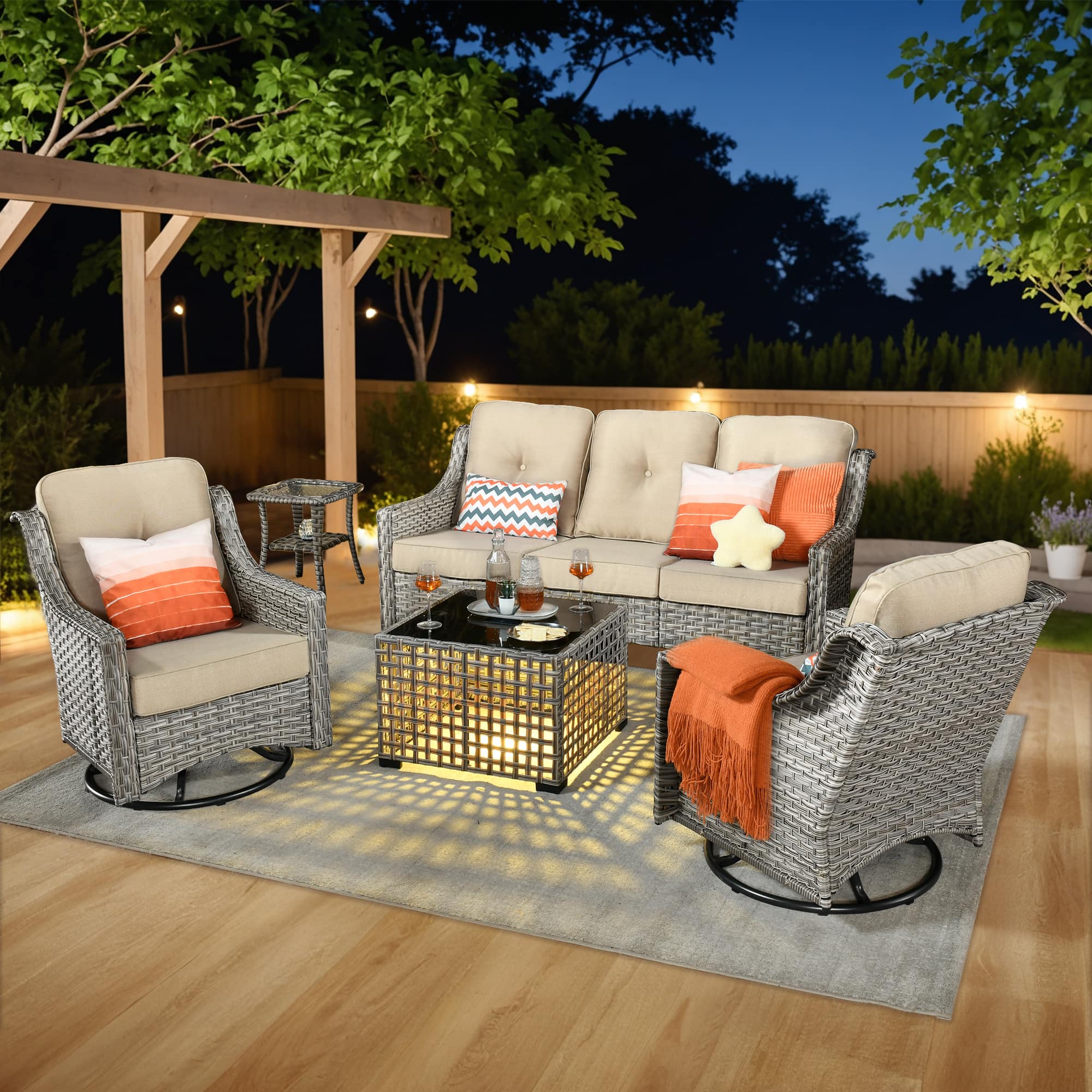 Front. Ovios - 5 PCS Outdoor Patio Furniture Set with Side Table, Swivel Chairs & Solar Light Coffee Table - Beige.