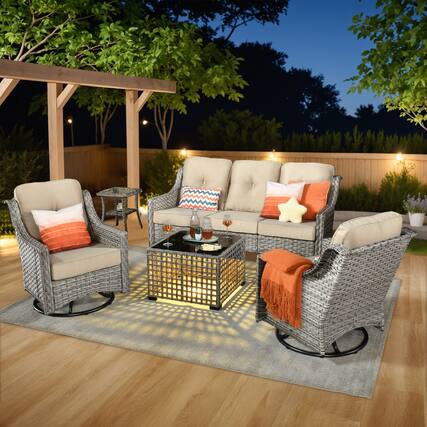 Front. Ovios - 5 PCS Outdoor Patio Furniture Set with Side Table, Swivel Chairs & Solar Light Coffee Table - Beige.