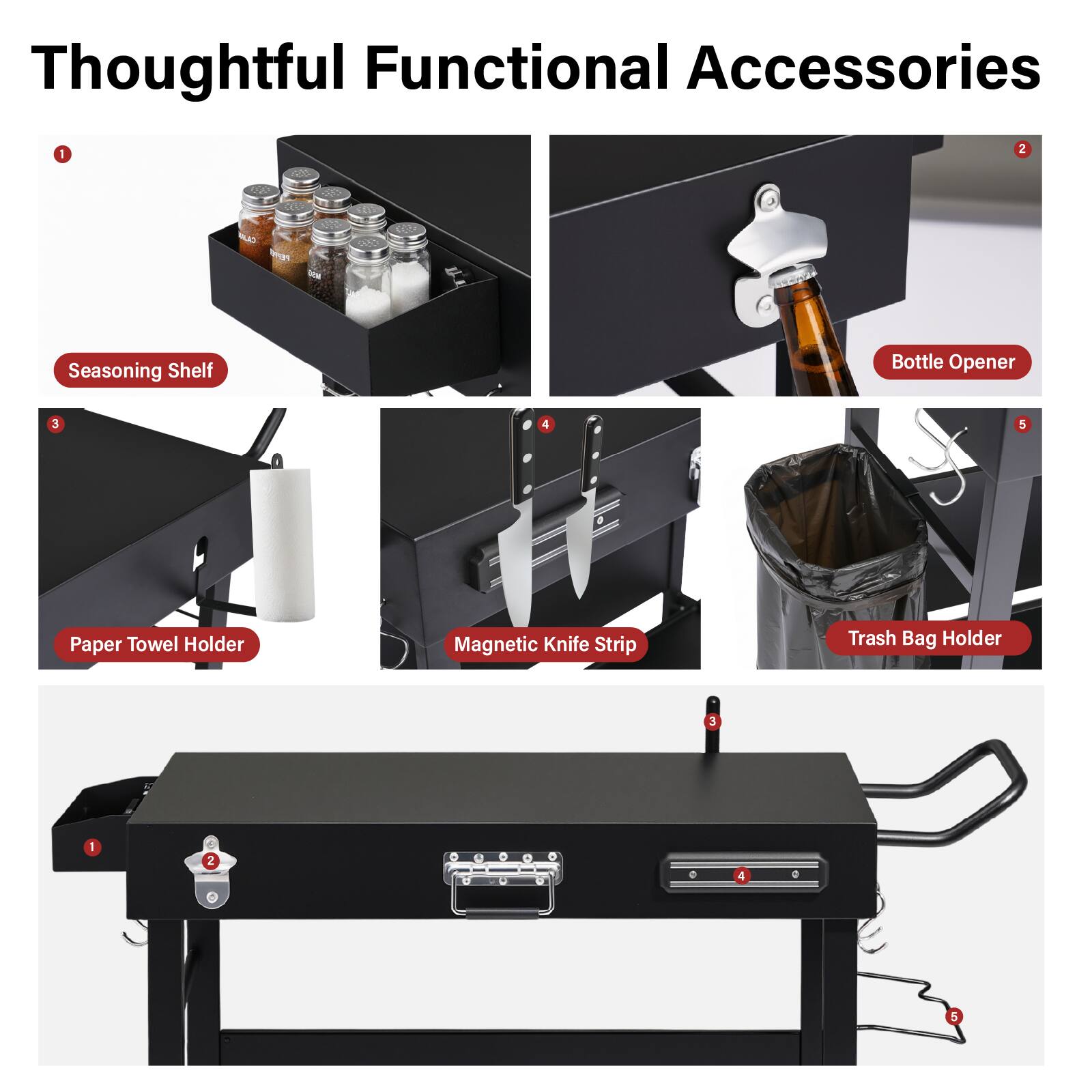 Thoughtful Functional Accessories

1. Seasoning Shelf
2. Bottle Opener
3. Paper Towel Holder
4. Magnetic Knife Strip
5. Trash Bag Holder