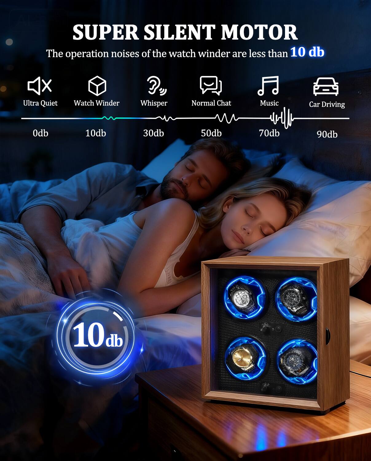 SUPER SILENT MOTOR  
The operation noises of the watch winder are less than 10 db  

Ultra Quiet Watch Winder  
Whisper  
Normal Chat  
Music  
Car Driving  

0db  
10db  
30db  
50db  
70db  
90db  

10 db