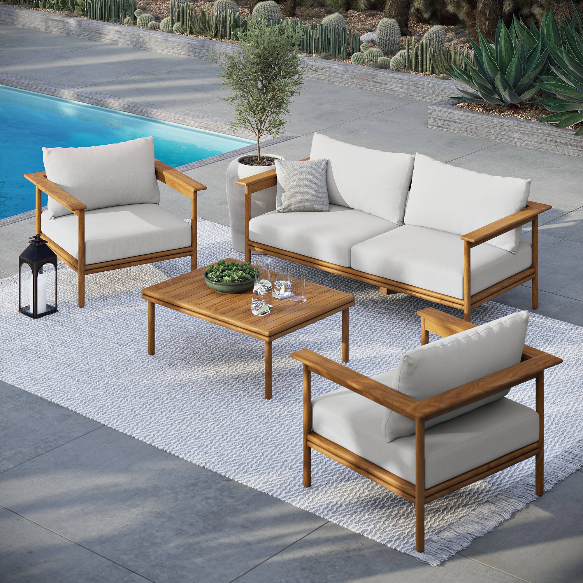 Alt View 5. Modway - Wren 4-Piece Teak Wood Outdoor Patio Furniture Set - Natural Sail.