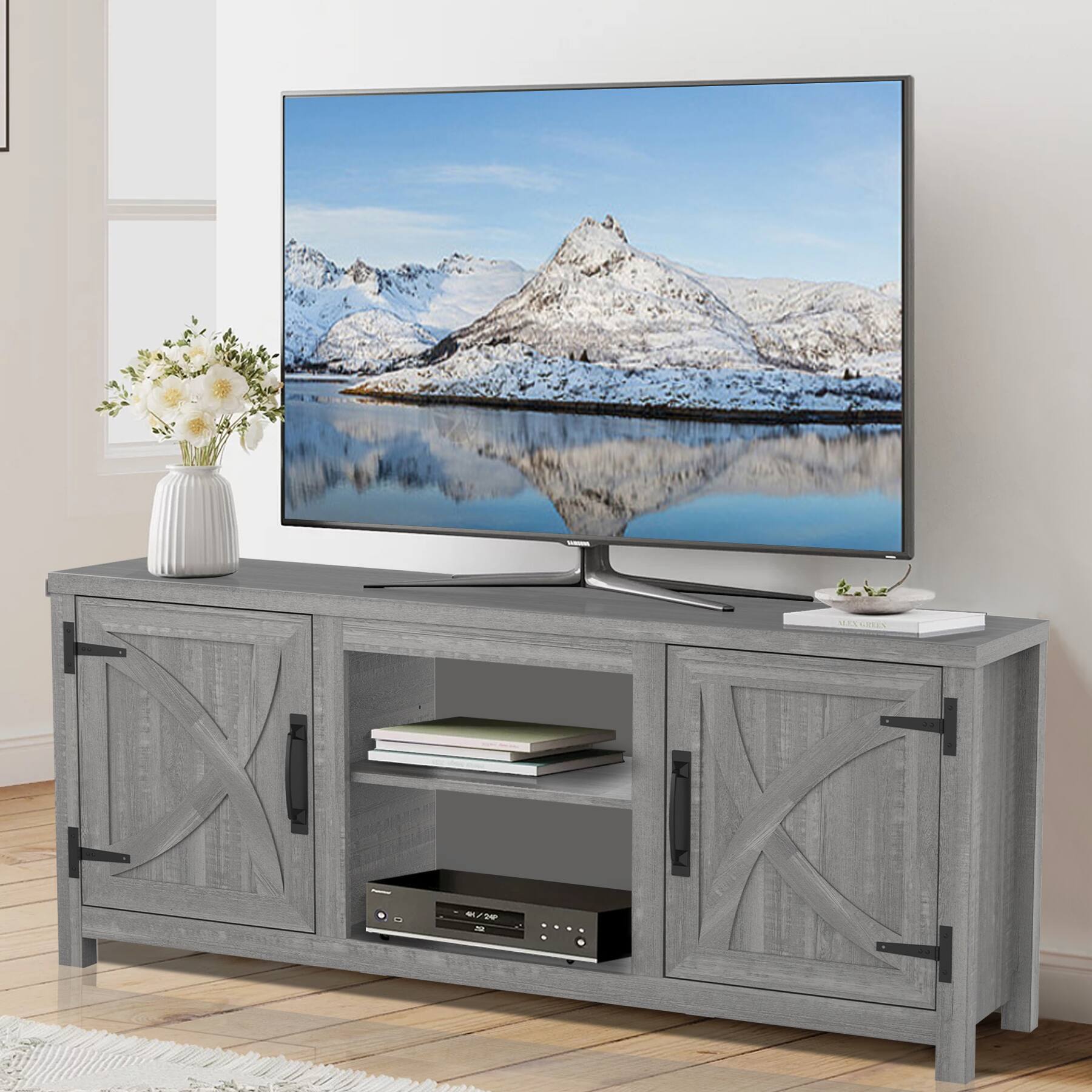 Back. Ihomeadore - 58" Farmhouse TV Stand with Open Storage Shelves and Cabinets for TV up to 65" - Gray.