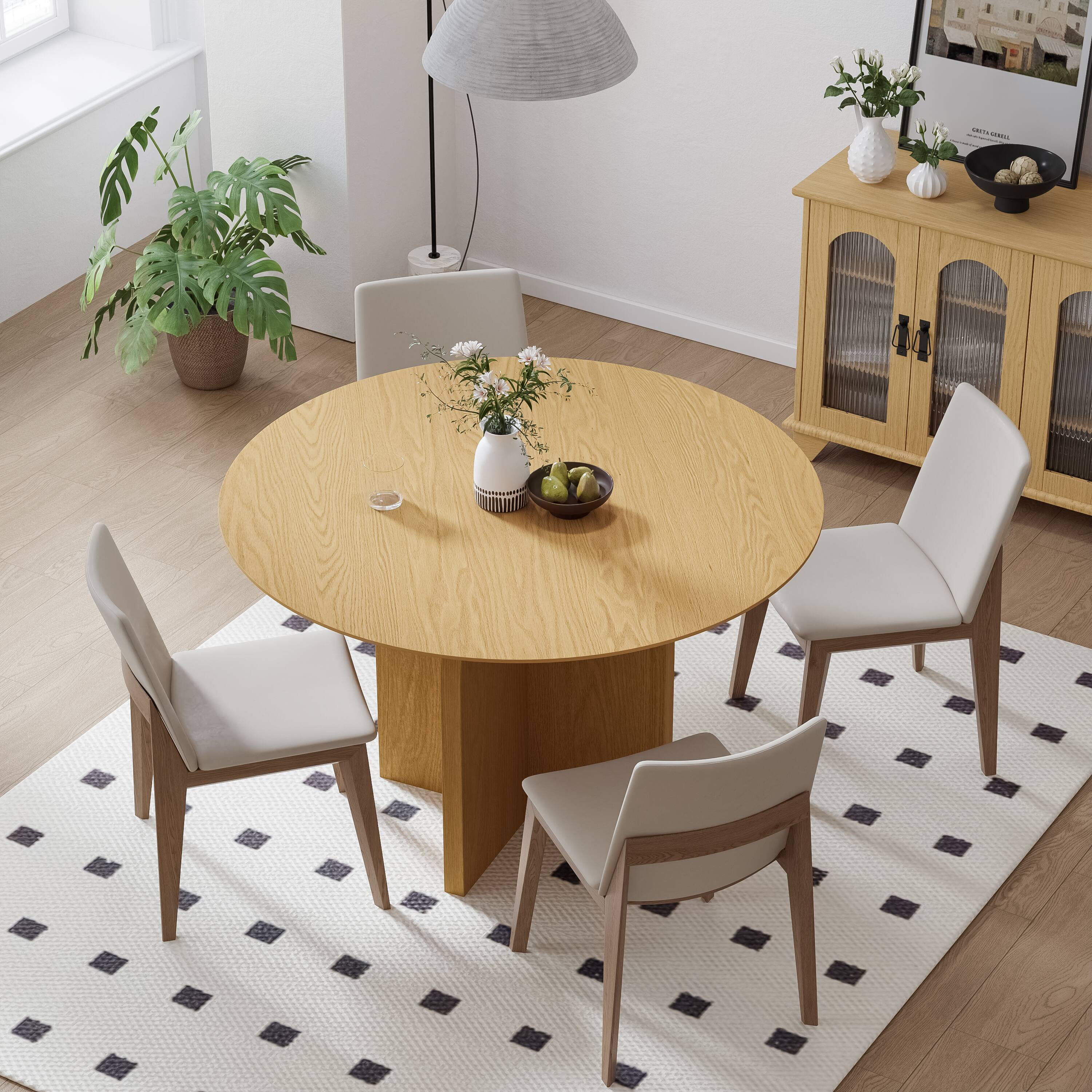 Alt View 2. Lirago - 45in. Arched Leg Round Dining Table Natural Finish Solid Wood Timeless Style,Seats 7 People - Beige.