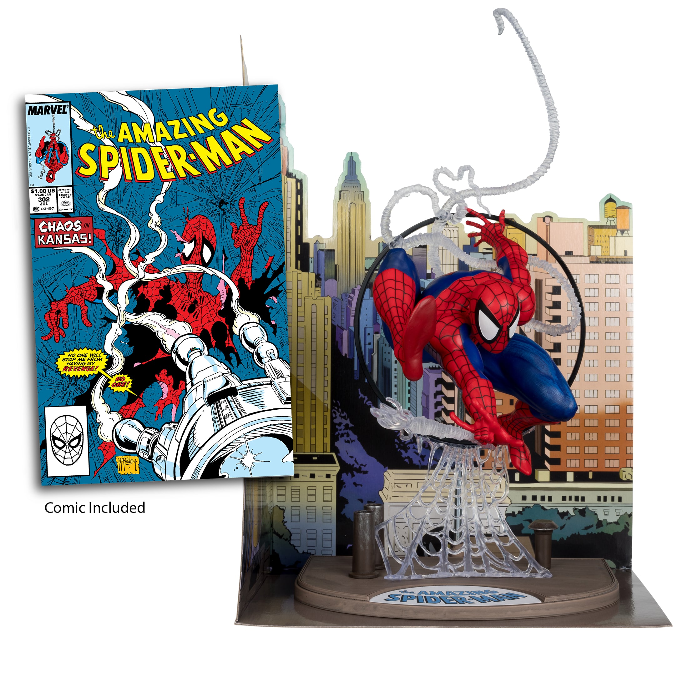 The image features a Spider-Man comic book and a Spider-Man action figure. The comic book is titled "Amazing Spider-Man" and is priced at $1.50. The action figure is also part of the comic book package, which includes the comic and the action figure. The scene takes place in Kansas, where Spider-Man is fighting against the Sinister Six.
