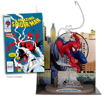 The image features a Spider-Man comic book and a Spider-Man action figure. The comic book is titled "Amazing Spider-Man" and is priced at $1.50. The action figure is also part of the comic book package, which includes the comic and the action figure. The scene takes place in Kansas, where Spider-Man is fighting against the Sinister Six.
