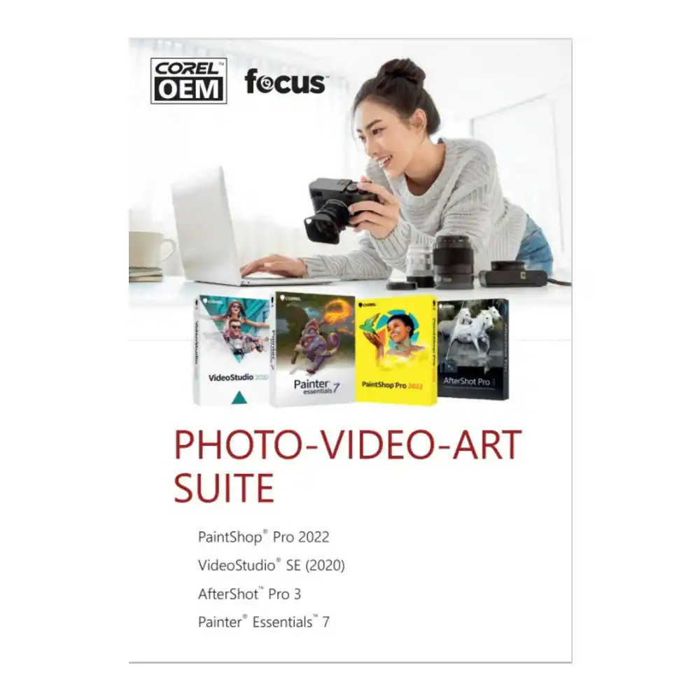 COREL OEM focus

PHOTO-VIDEO-ART SUITE

PaintShop® Pro 2022  
VideoStudio® SE (2020)  
AfterShot® Pro 3  
Painter® Essentials™ 7