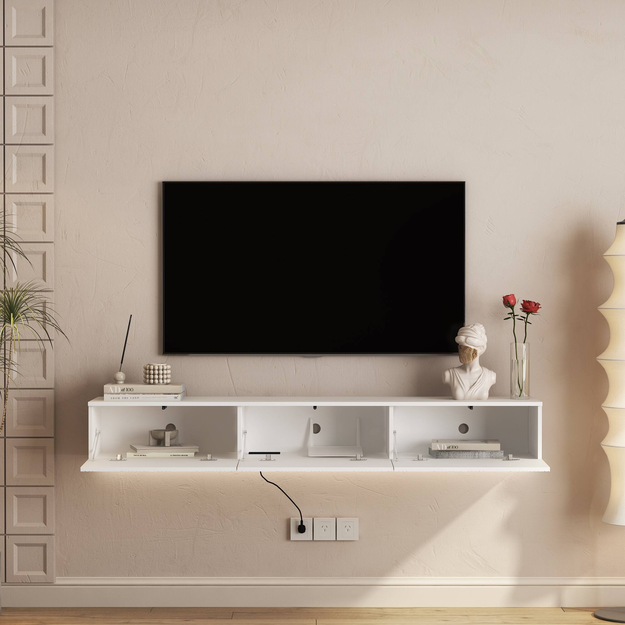 Back. APRILSOUL - Floating TV Stand Wall Mounted with 16 Color LEDs 67Inch Modern TV Stand Floating TV Cabinet Entertainment Center White - White.