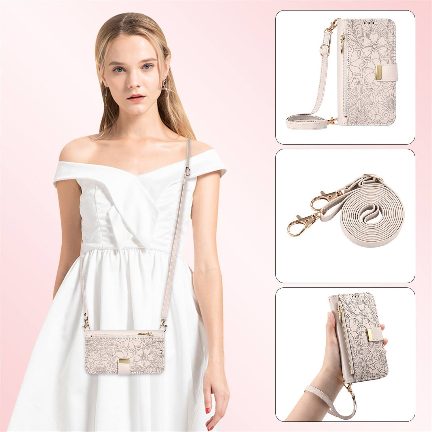 Back. Dteck - Floral Embossed Leather Zipper Cash Slot Wallet Case for Apple iPhone 16 with Detachable Strap - Beige.