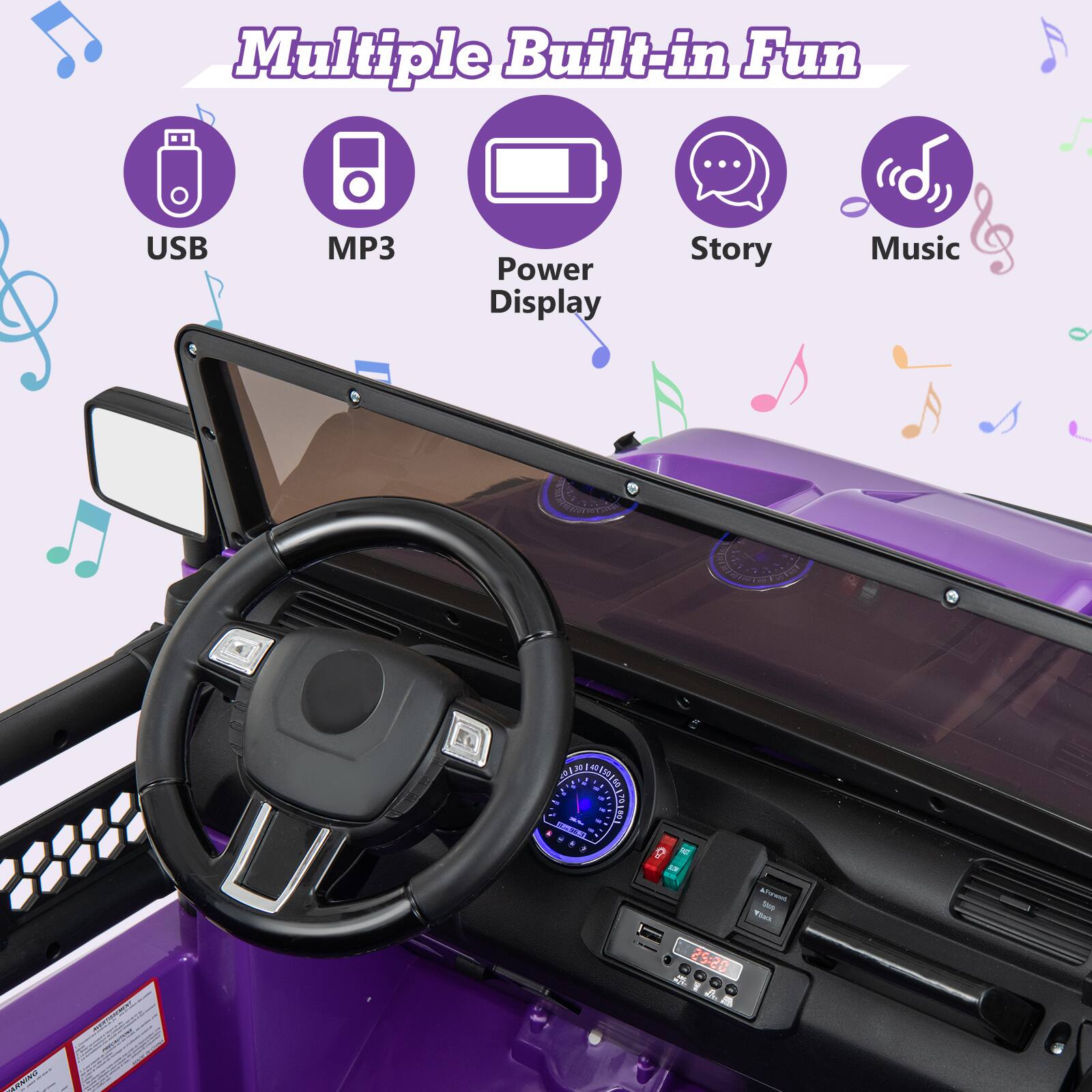 Multiple Built-in Fun

USB  
MP3  
Power Display  
Story  
Music