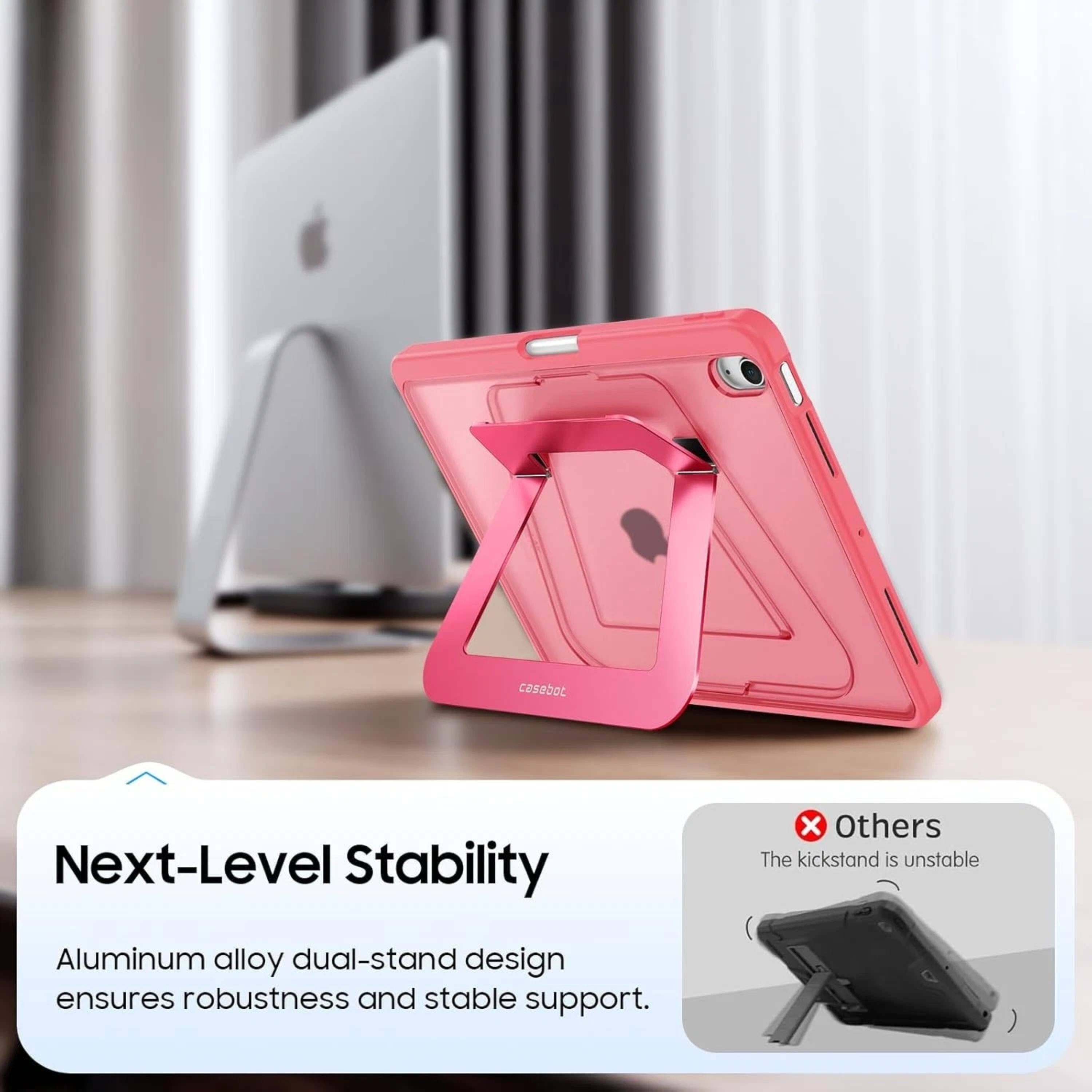 casebot Next-Level Stability x Others The kickstand is unstable Aluminum alloy dual-stand design ensures robustness and stable support.