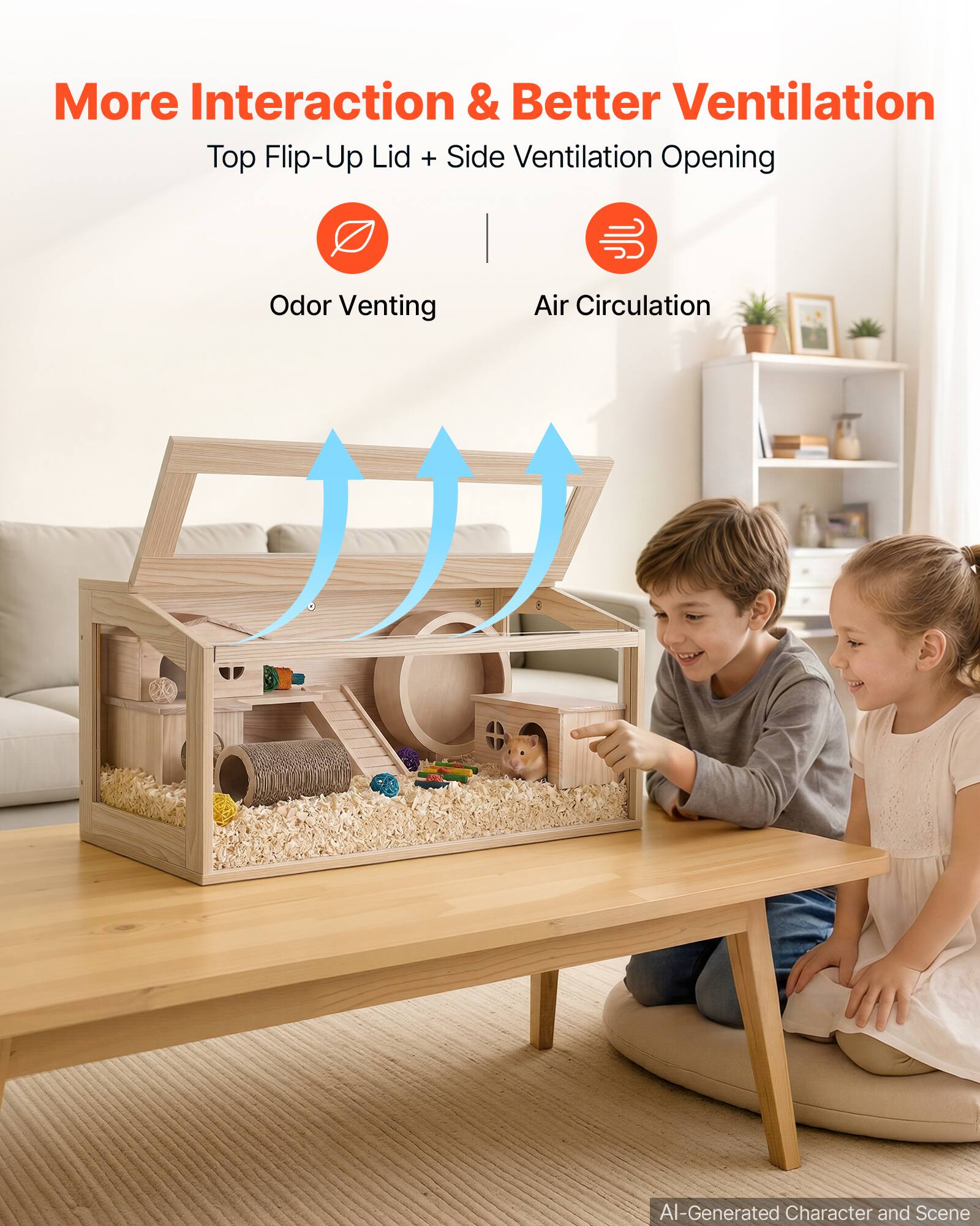 More Interaction & Better Ventilation  
Top Flip-Up Lid + Side Ventilation Opening  
Odor Venting  
Air Circulation  

AI-Generated Character and Scene