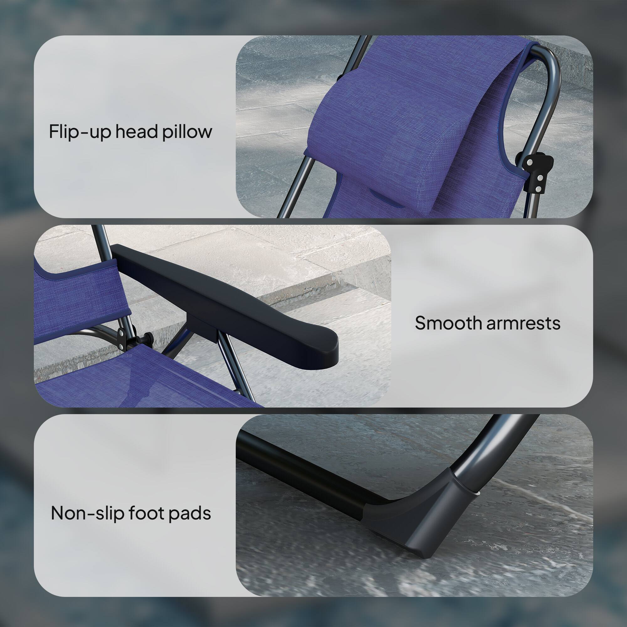 Flip-up head pillow, Smooth armrests, Non-slip foot pads