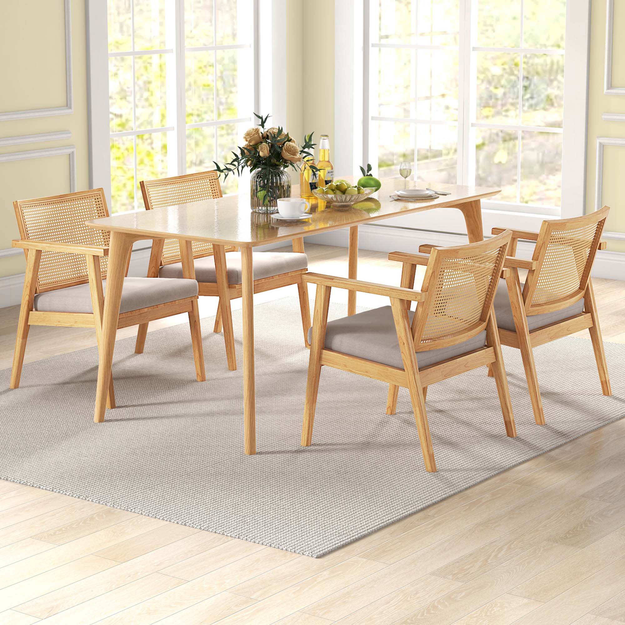 Angle. Costway - Mid Century Modern Accent Chairs Set of 4 with Breathable Rattan Back Dining Room - Natural.