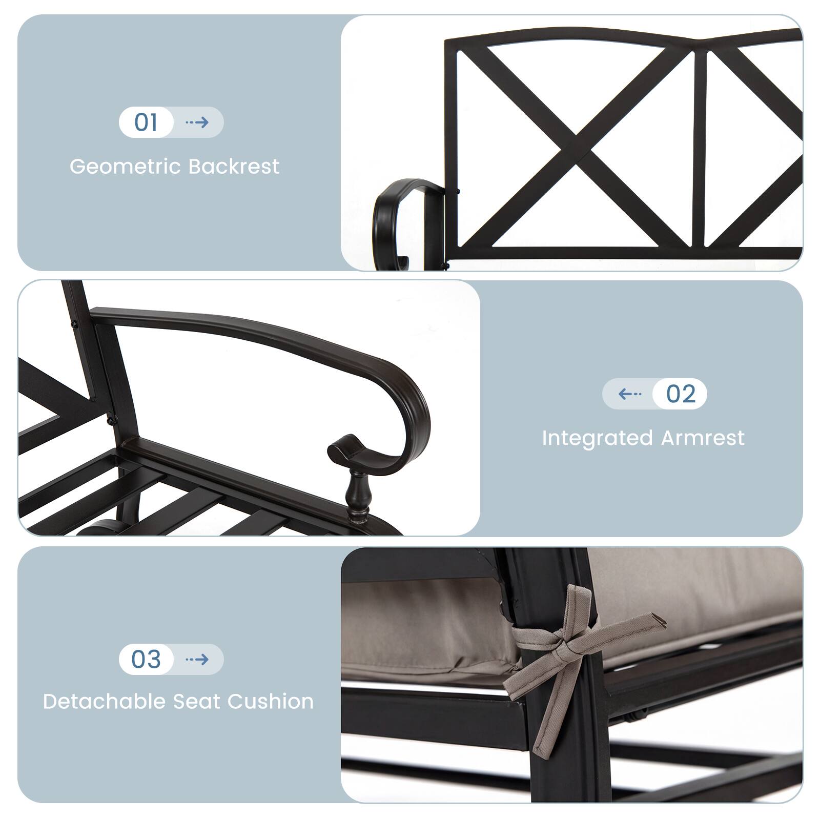 01 Geometric Backrest  
02 Integrated Armrest  
03 Detachable Seat Cushion