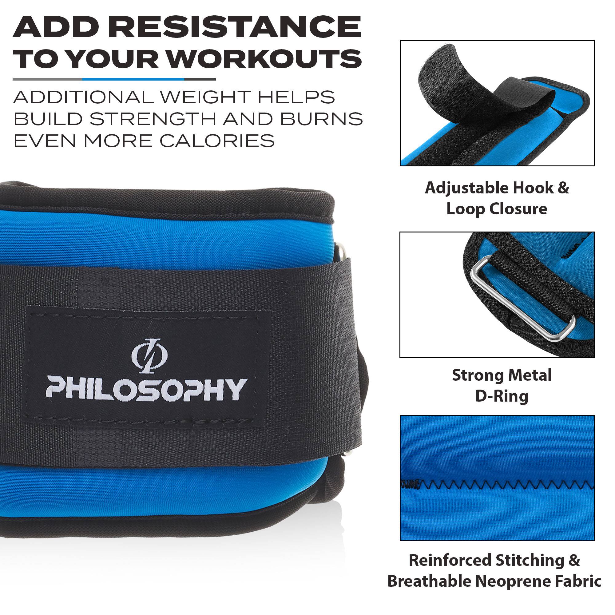 ADD RESISTANCE TO YOUR WORKOUTS  
ADDITIONAL WEIGHT HELPS BUILD STRENGTH AND BURNS EVEN MORE CALORIES  

Adjustable Hook & Loop Closure  
Strong Metal D-Ring  
Reinforced Stitching & Breathable Neoprene Fabric  

PHILOSOPHY