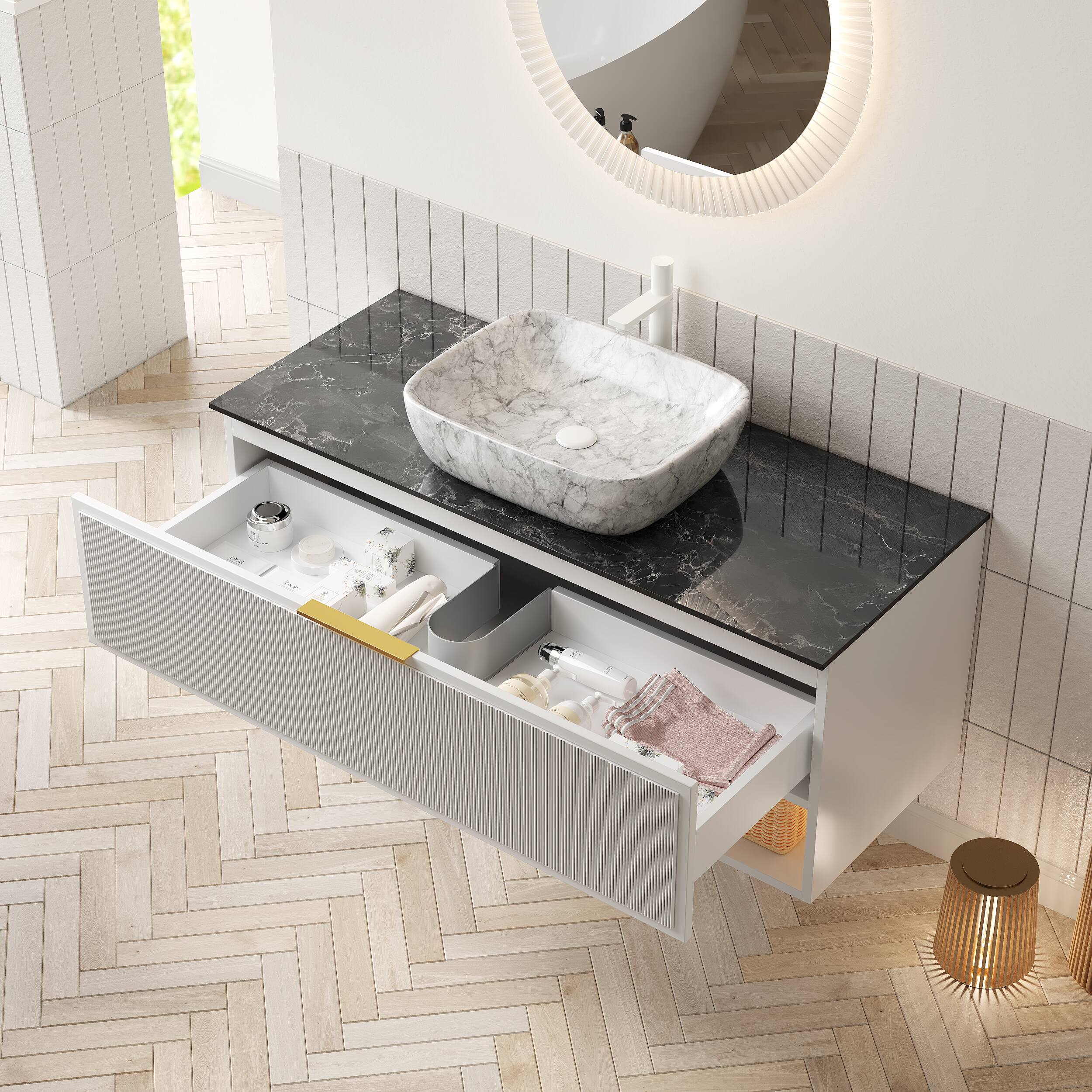 Angle. APRILSOUL - 48 inch Floating Bathroom Vanity Plywood 2 Drawers Sensor Light Marble Basin White - Black,Stone Gray,White.
