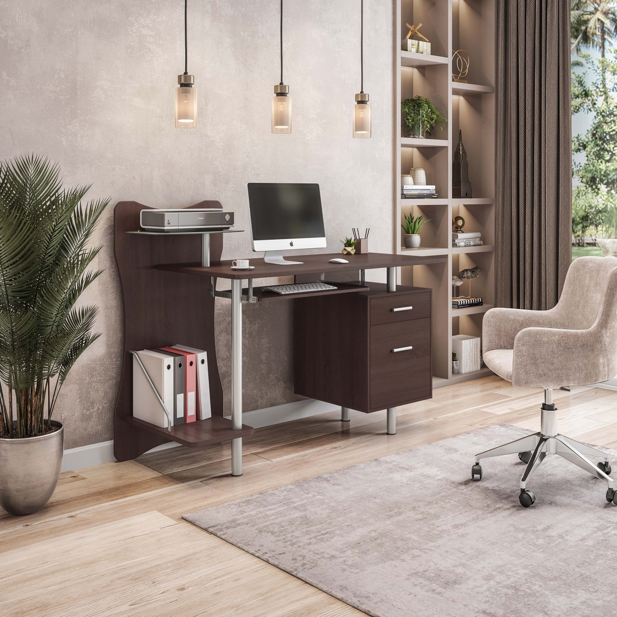 GOODSILO - Stylish Computer Desk with Storage Drawers and Pull-Out Keyboard Tray - Brown