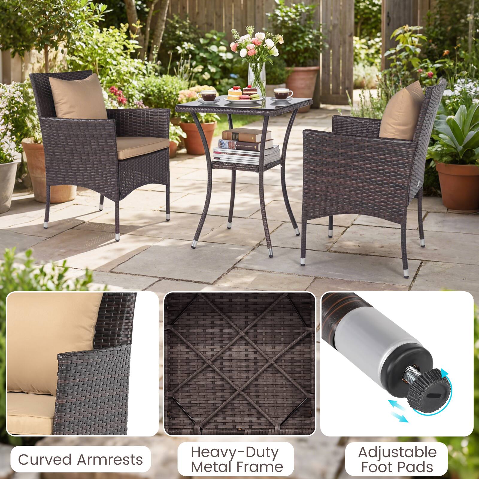 Curved Armrests  
Heavy-Duty Metal Frame  
Adjustable Foot Pads