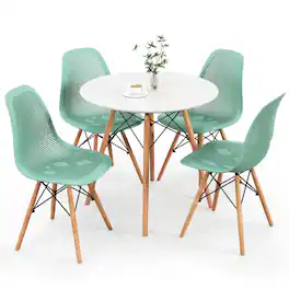 Costway - 5 PCS Dining Table Set for 4 Persons Modern Round Table & 4 Chairs with Wood Leg - White,Green
