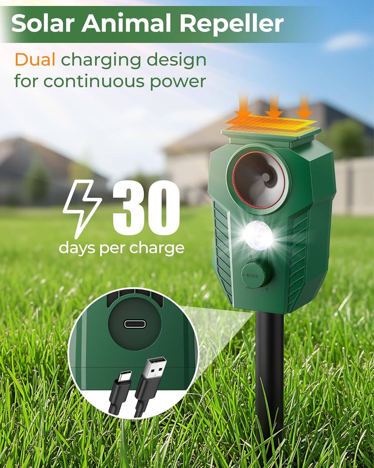 Solar Animal Repeller  
Dual charging design for continuous power  
30 days per charge