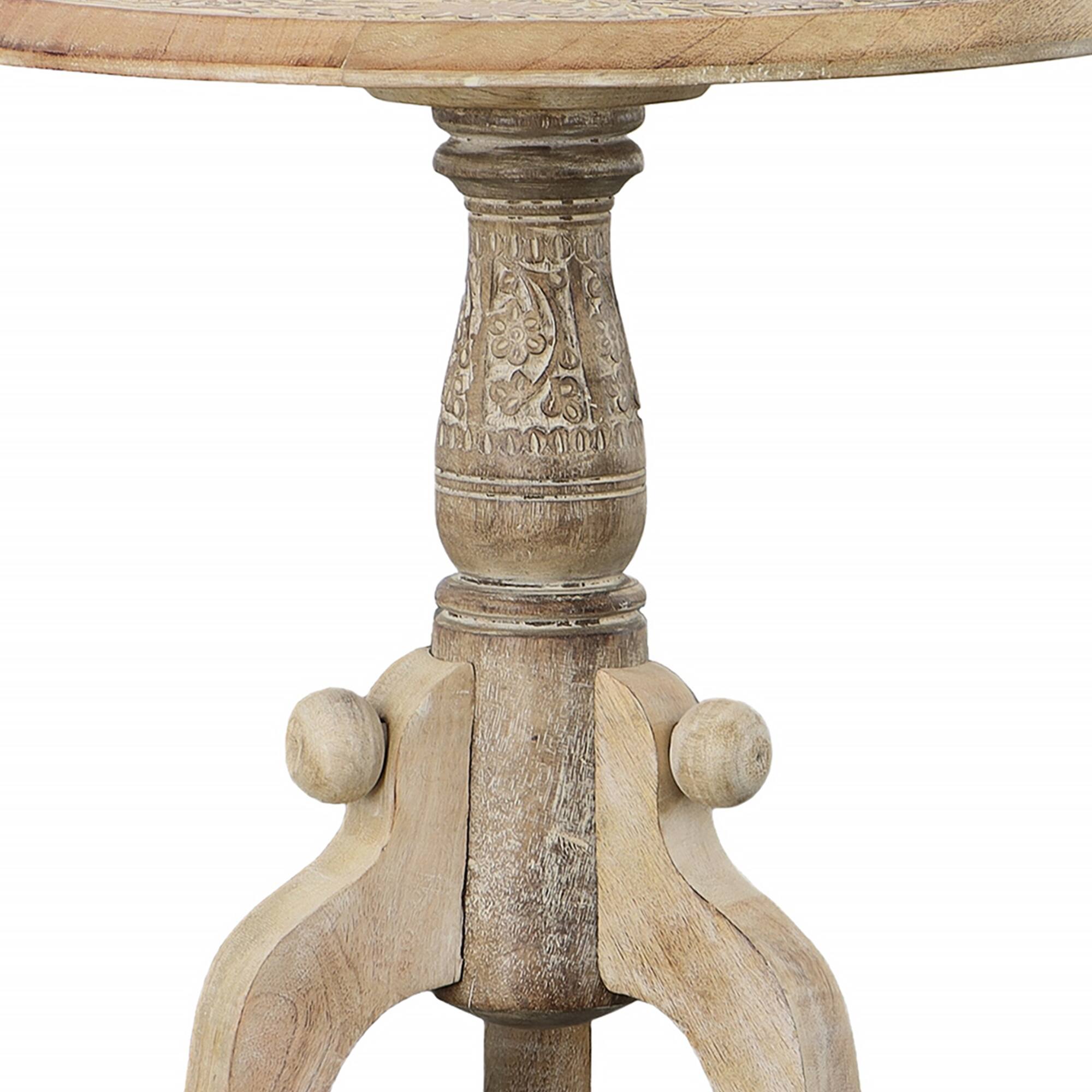 Alt View 5. Manhattan Lane - Intricately Carved Round Top Mango Wood Side End Table with Pedestal Base - Brown and White.