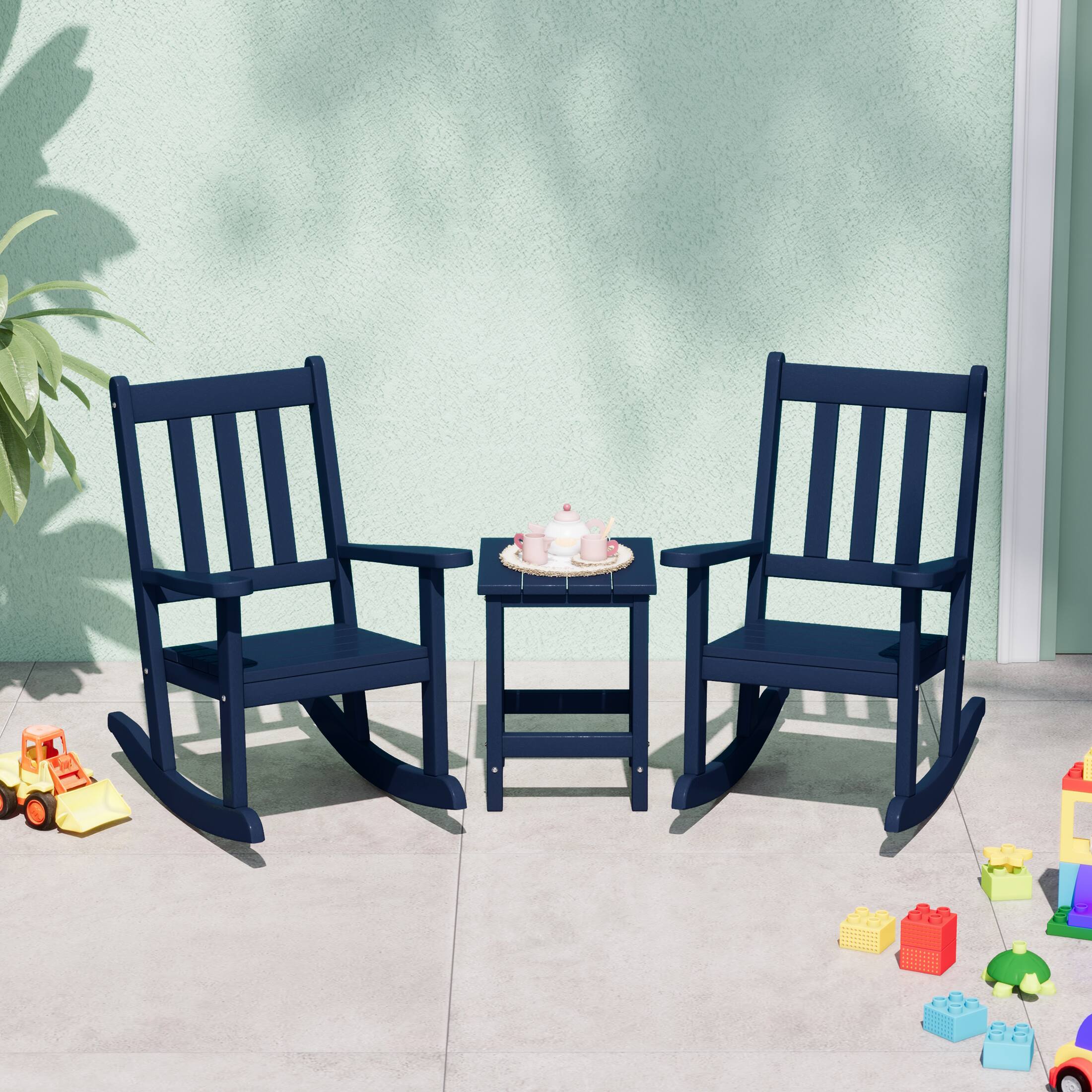 Angle. WestinTrends - WestinTrends Malibu 3-Piece Kids Outdoor Rocking Chairs Set With Kids Square Side Table - Navy Blue.