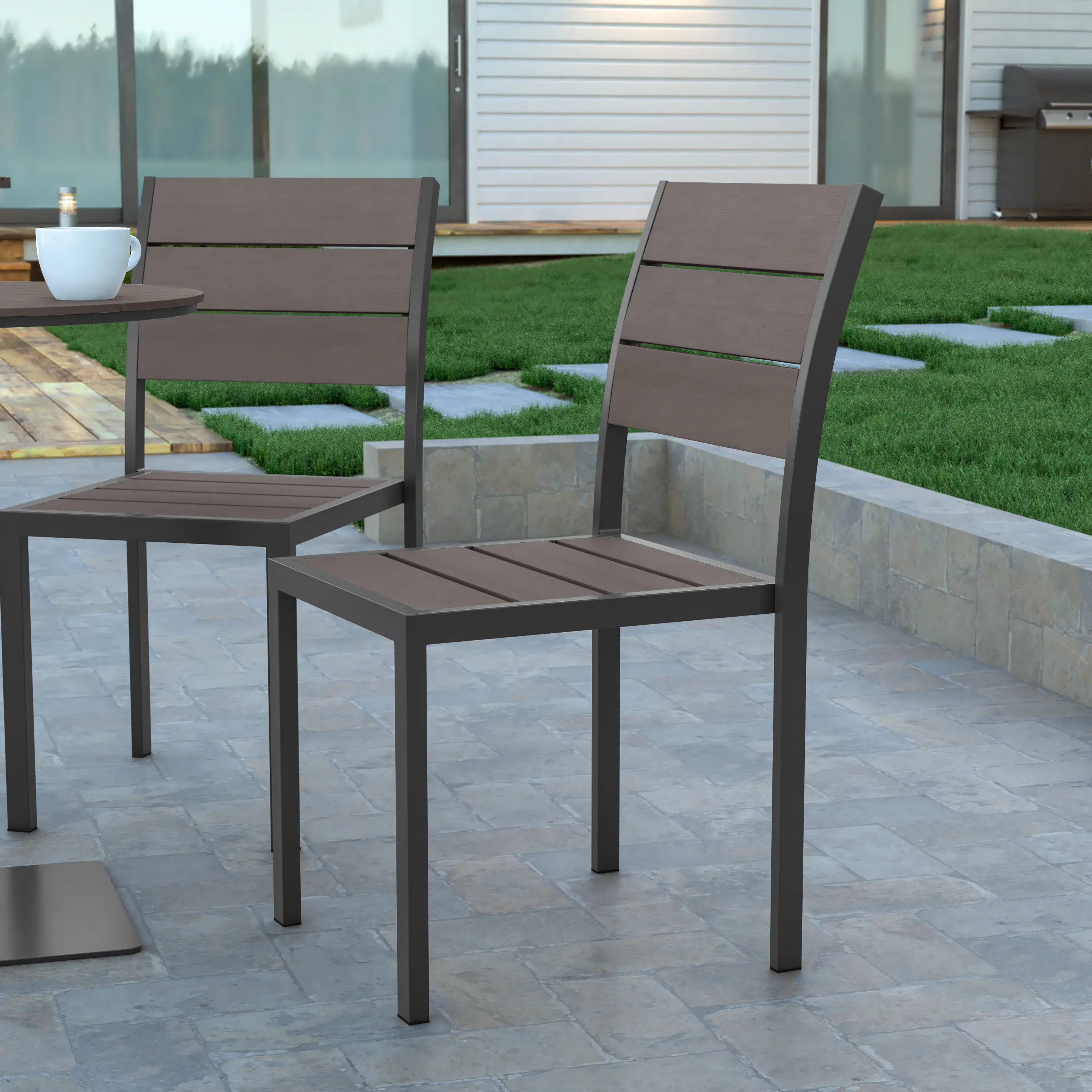 Alt View 1. Emma + Oliver - Fena Outdoor Stacking Side Chair with Faux Teak Poly Slat Seat, Back and Arms and Metal Frame - Gray.