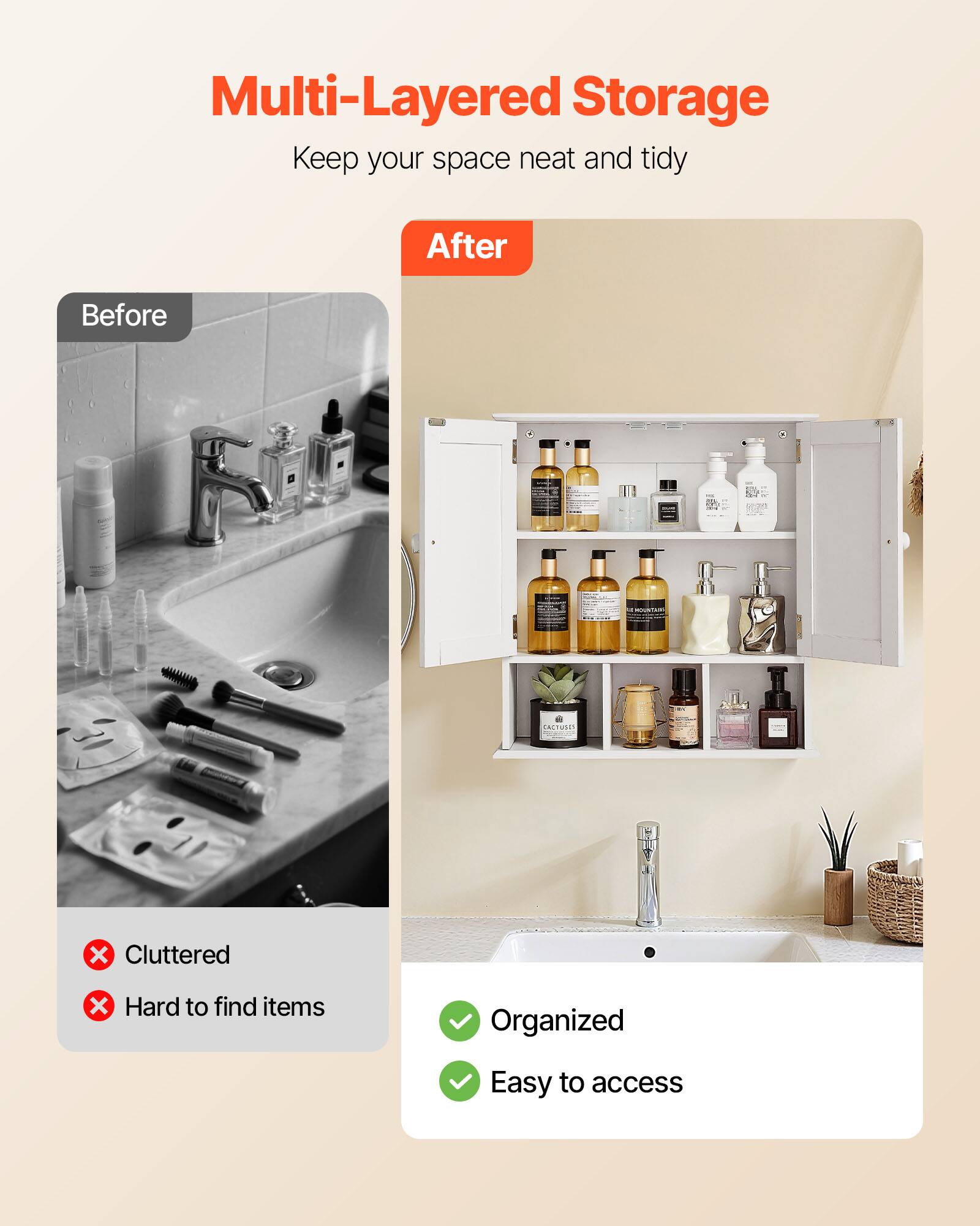 Multi-Layered Storage  
Keep your space neat and tidy  

Before  
Cluttered  
Hard to find items  

After  
Organized  
Easy to access