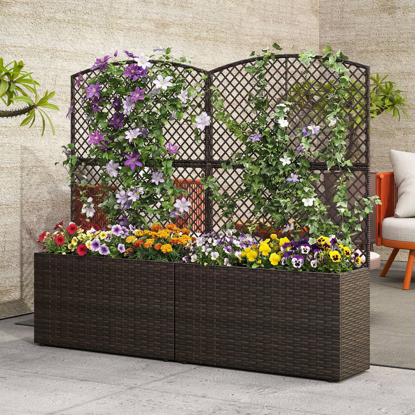 Alt View 1. Gymax - Gymax 2PCS 49'' Raised Garden Bed w/ Trellis Wicker Planter Box w/ Privacy Screen Brown - Brown.