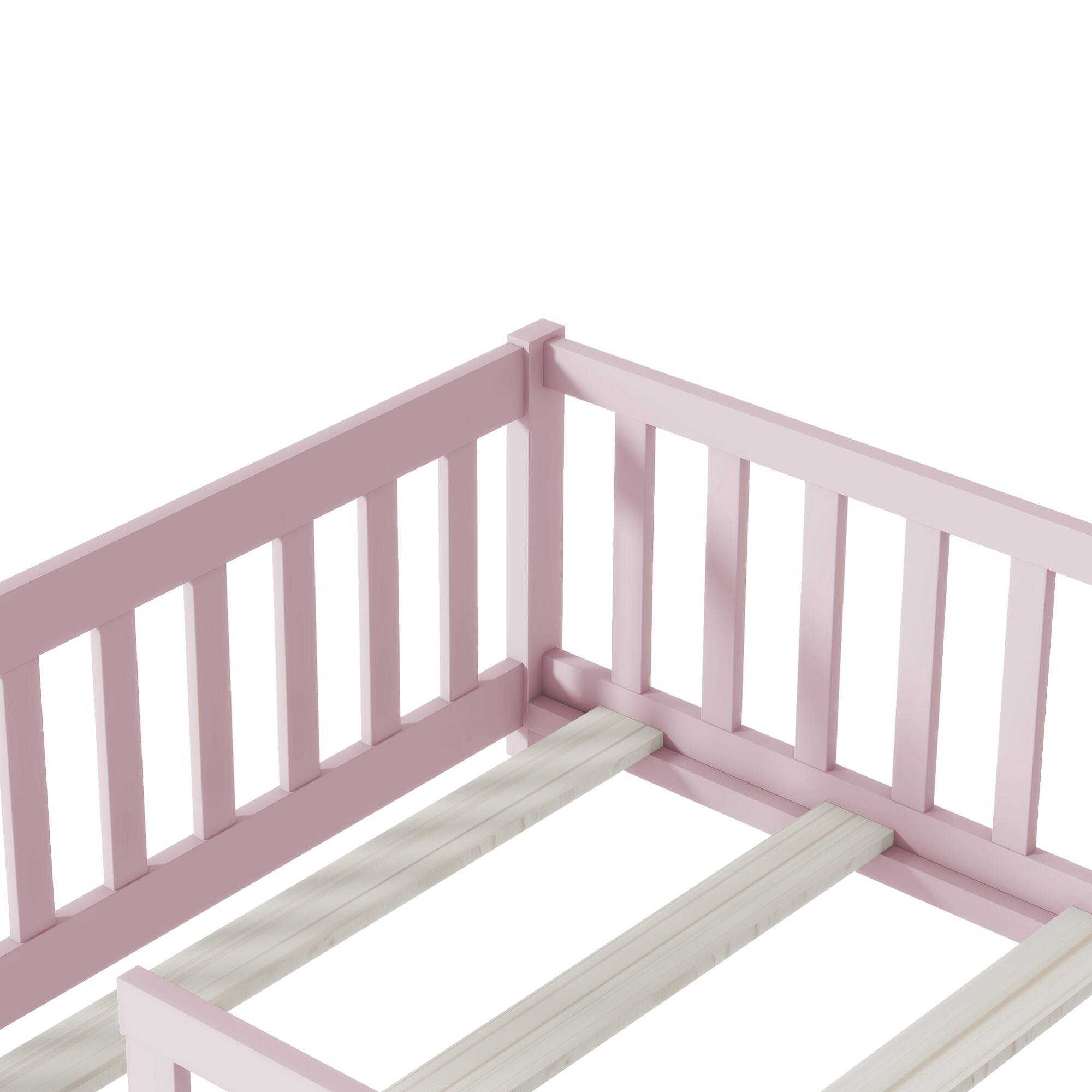 Alt View 6. GOODSILO - Twin Size Low-Profile Youth Bed with Secure Enclosure Frame, Solid Wood Construction, Neutral Finish - Pink.