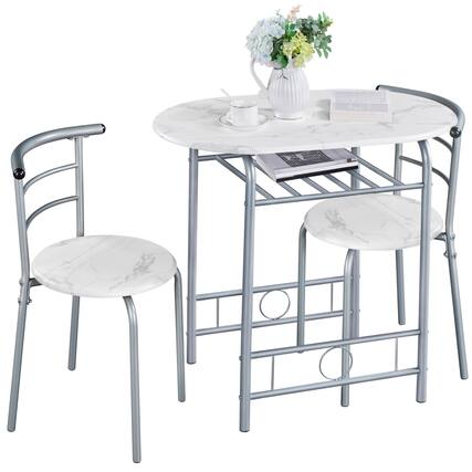 Front. MAGICAL RUBS - 3-piece Dining Table Set Breakfast Bistro For 2 Small Kitchen And Chairs Of 2 With Metal Frame Storage Rack - White.