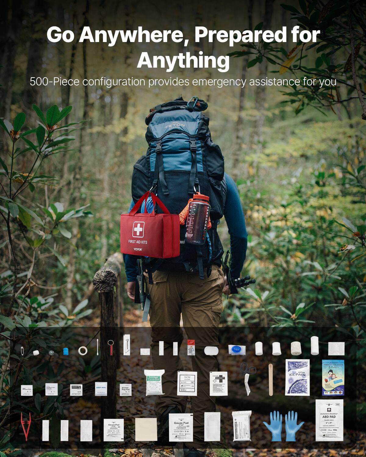 Go Anywhere, Prepared for Anything

500-Piece configuration provides emergency assistance for you

TETON + FIRST AID KITS

Gauze Pads
Ice Pack
ABD Pad
Gauze Roll
Bandage
Tweezers
Scissors
Antiseptic Wipes
First Aid Manual
Tong
Thermometer
Splint
Tourniquet
Antiseptic Solution
Band-Aids
Gloves
Eye Wash
Antiseptic Cream
Pain Relief Tablets
Antihistamine Tablets
Antacid Tablets
Antibiotic Ointment
Burn Cream
CPR Mask
Emergency Blanket
First Aid Kit Bag