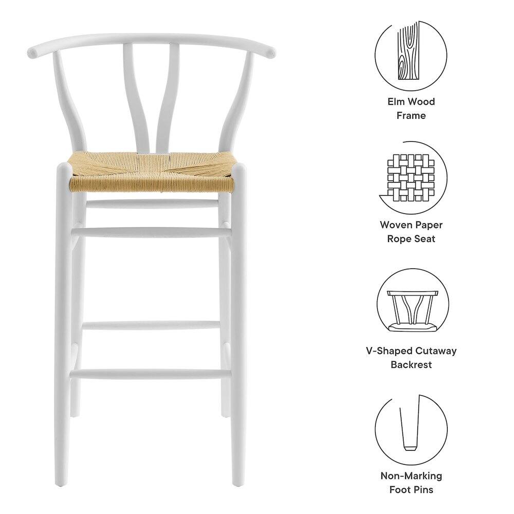 Elm Wood Frame  
Woven Paper Rope Seat  
V-Shaped Cutaway Backrest  
Non-Marking Foot Pins