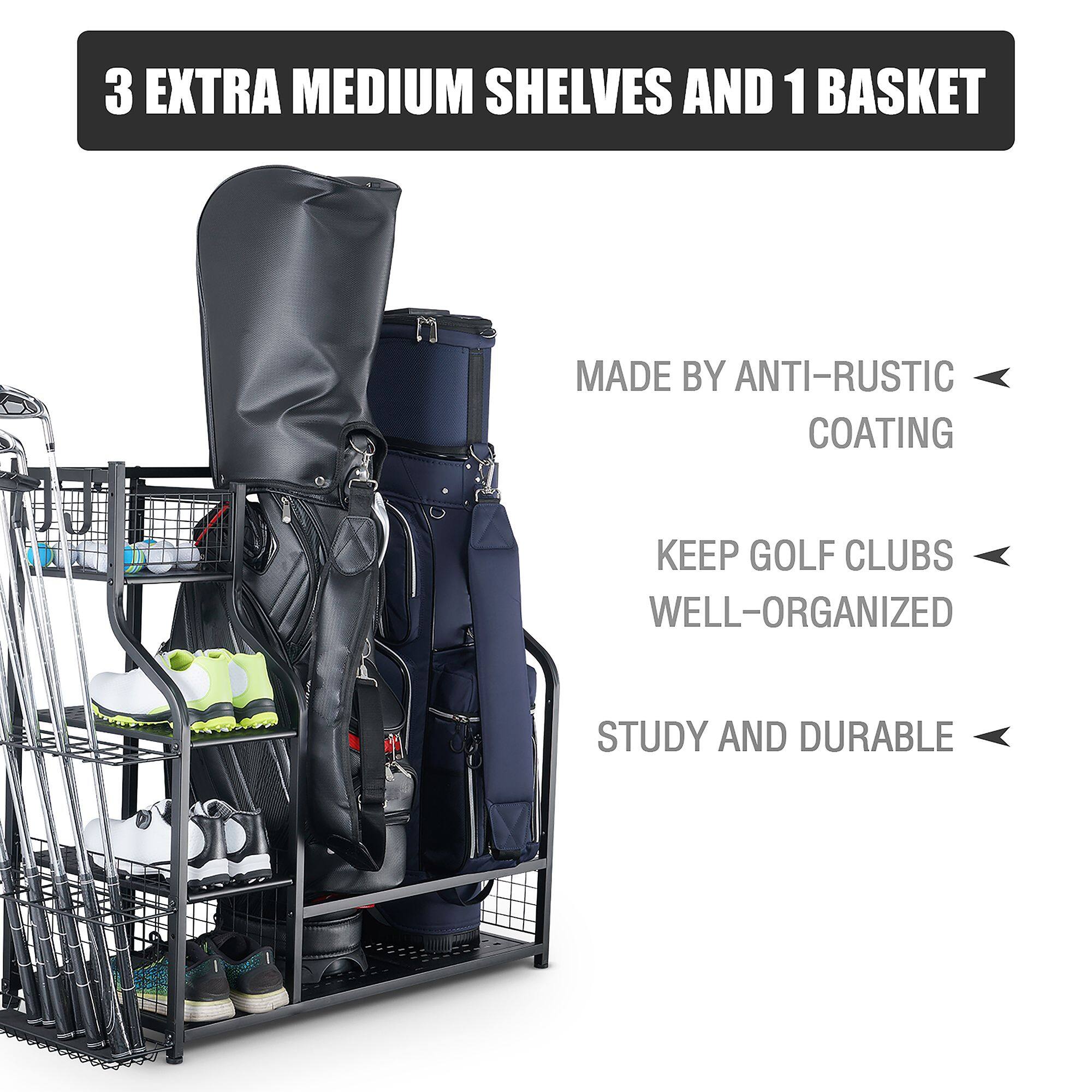 3 EXTRA MEDIUM SHELVES AND 1 BASKET

MADE BY ANTI-RUSTIC COATING

KEEP GOLF CLUBS WELL-ORGANIZED

STUDY AND DURABLE