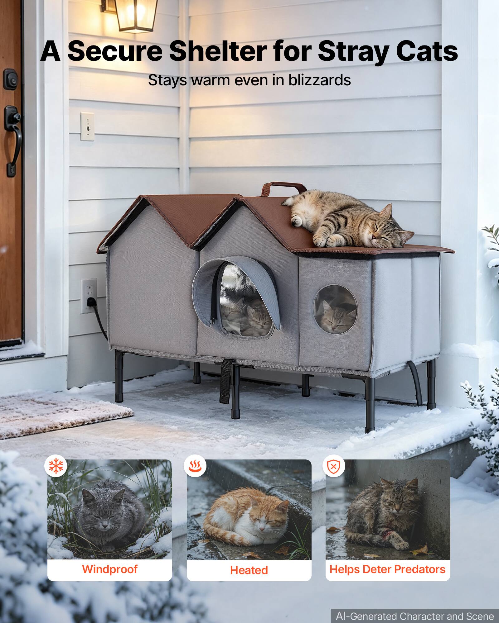 A Secure Shelter for Stray Cats  
Stays warm even in blizzards  

Windproof  
Heated  
Helps Deter Predators  

AI-Generated Character and Scene