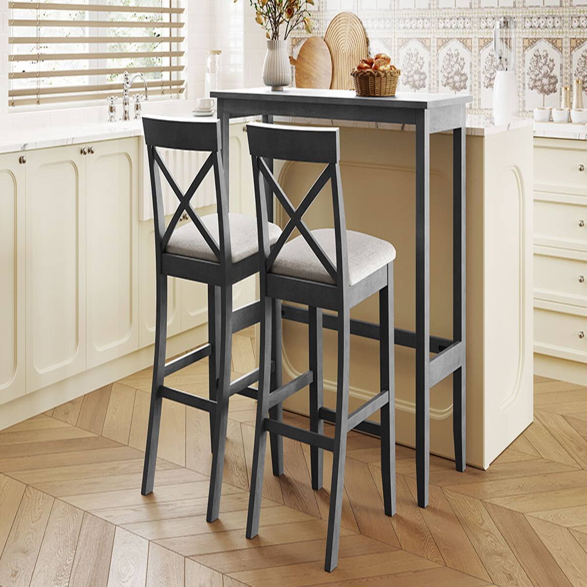 Loheer Farmhouse Dining Table Set, Gray Acacia Wood Bar Height Table ...