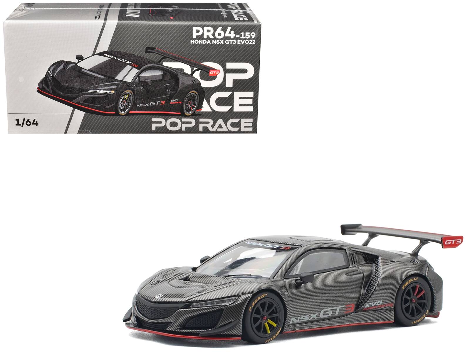 Honda NSX GT3 EVO22 Carbon Edition 1/64 Diecast Model Car by Pop Race - Black