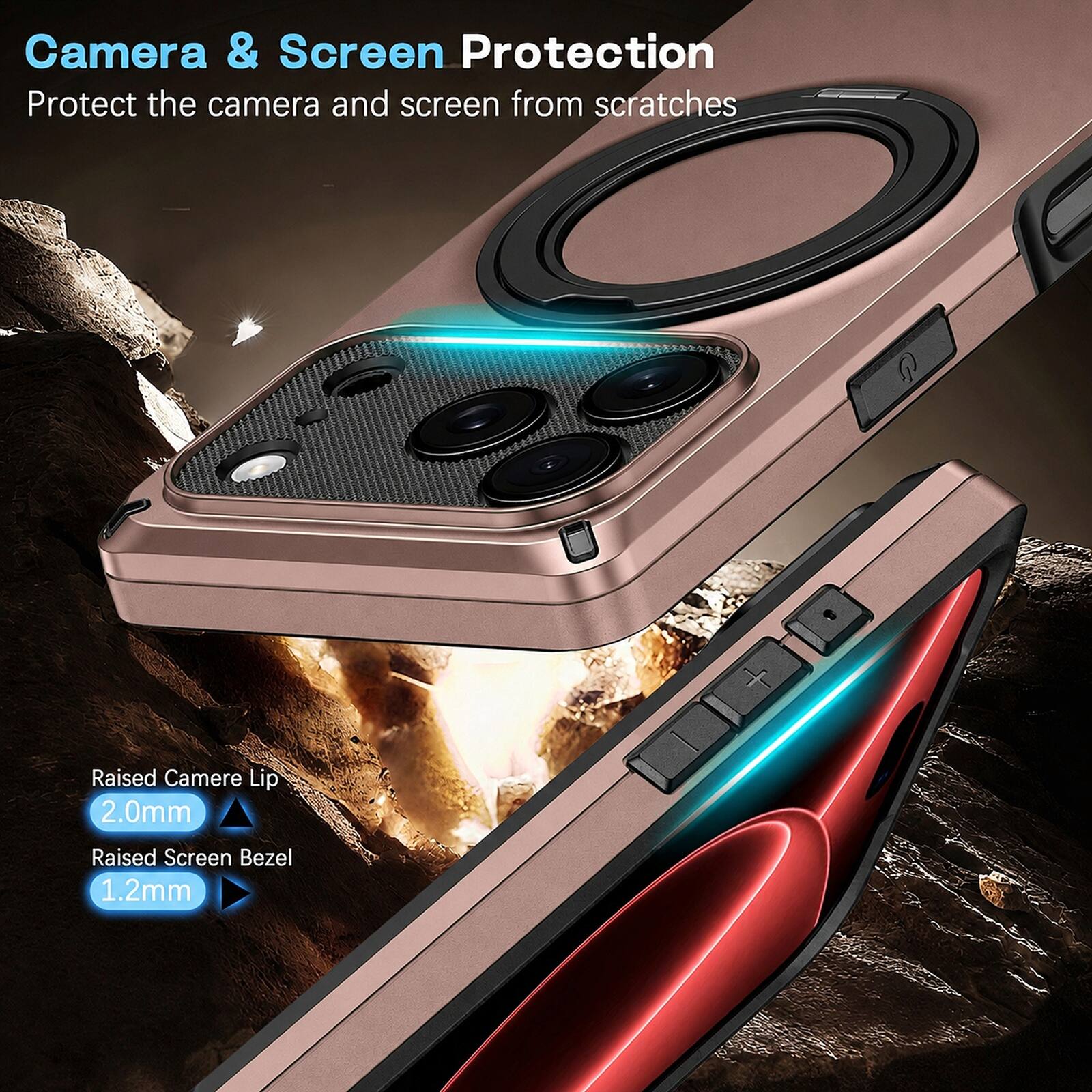 Camera & Screen Protection  
Protect the camera and screen from scratches  

Raised Camera Lip 2.0mm  
Raised Screen Bezel 1.2mm