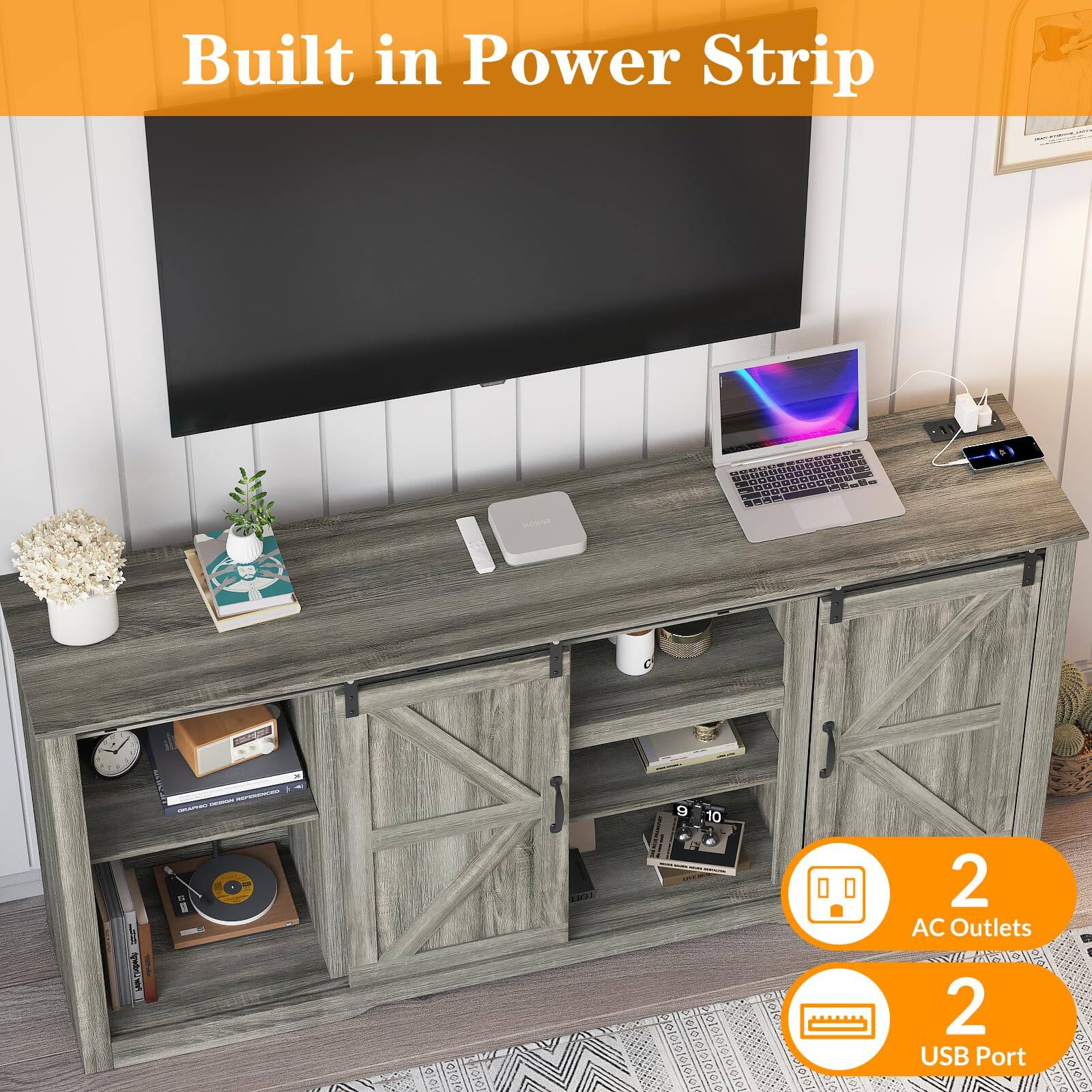 Built in Power Strip

2 AC Outlets

2 USB Port