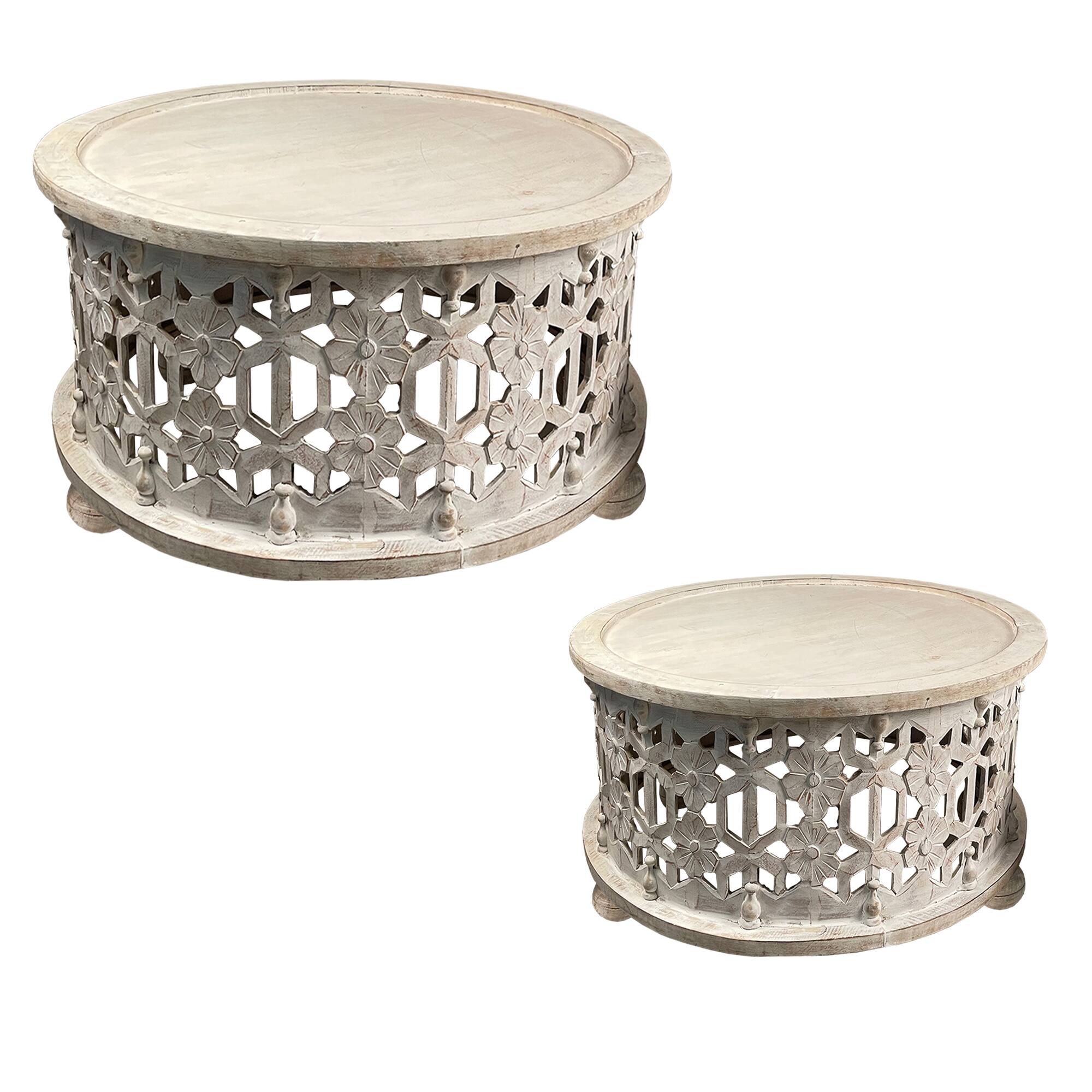 Front. Manhattan Lane - 30 Inch Round 2 Piece Wood Coffee Table Set, Carved Floral Design - White.