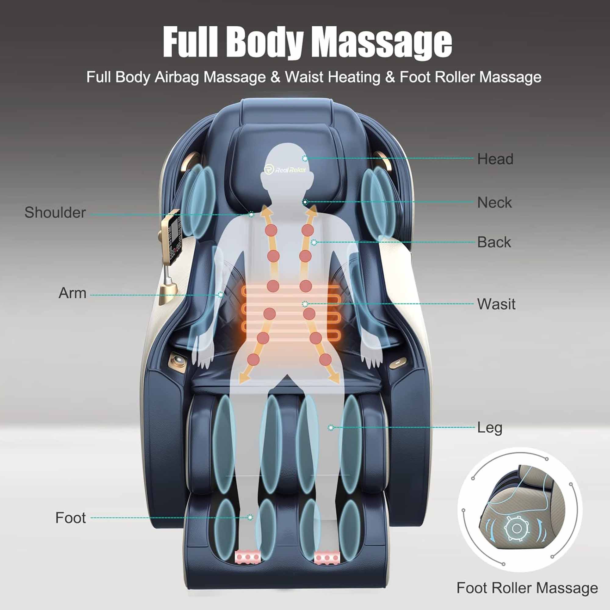Full Body Massage  
Full Body Airbag Massage & Waist Heating & Foot Roller Massage  

- Head
- Neck
- Back
- Waist
- Leg
- Foot
- Shoulder
- Arm