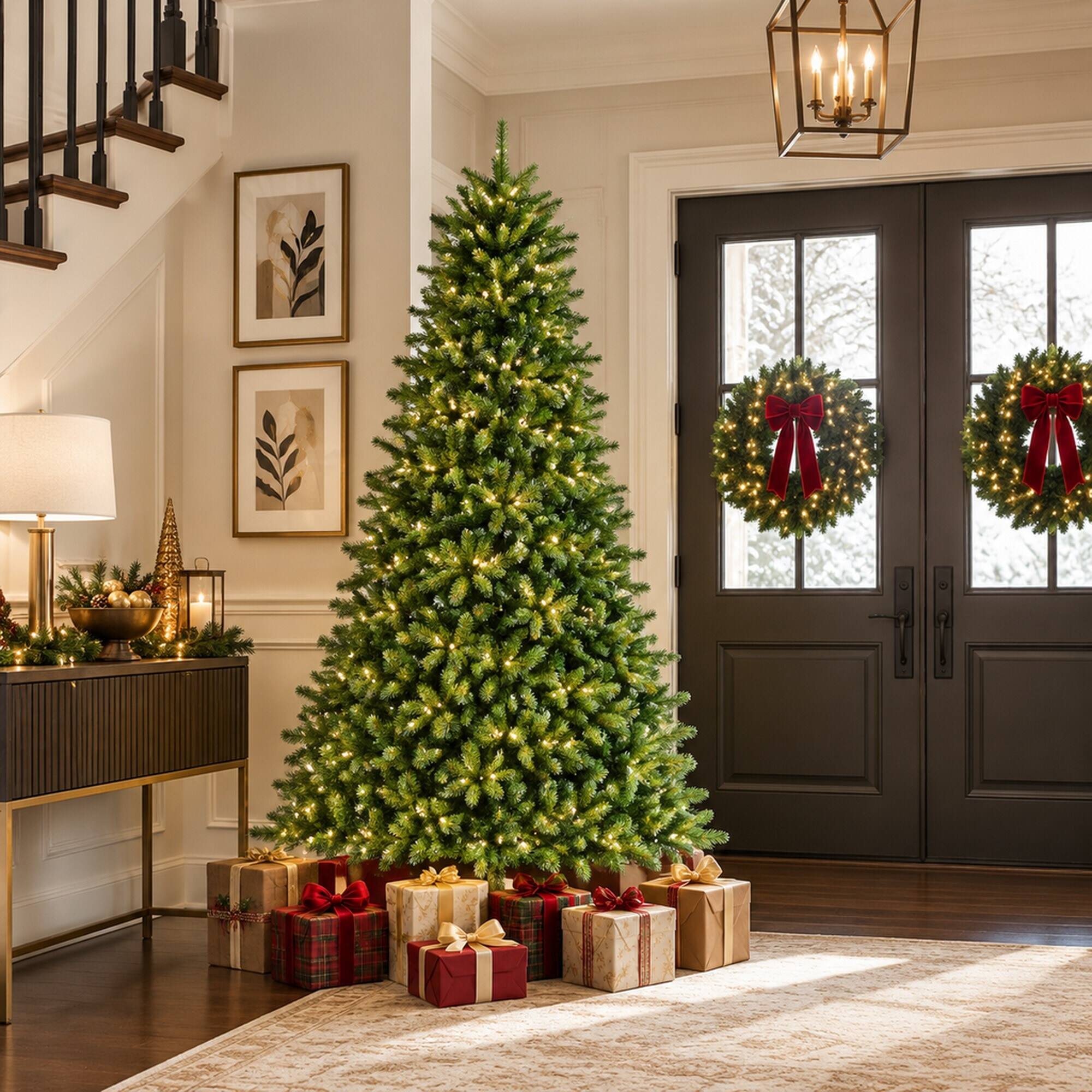 Alt View 2. RYHNUYNE - 9FT Unlit Artificial Christmas Tree With 2576 Mixed PE and PVC Tips, Hinged Spruce Branches and Metal Stand - Green.