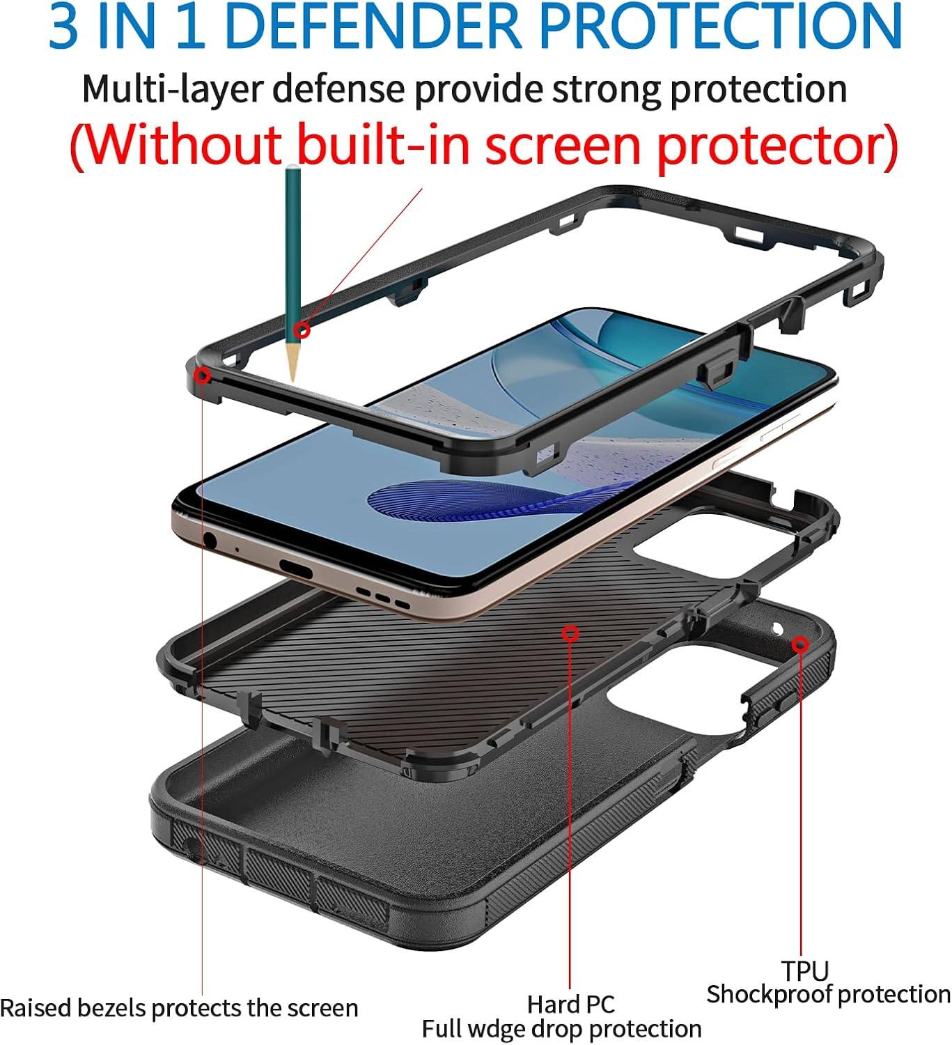 3 IN 1 DEFENDER PROTECTION
Multi-layer defense provide strong protection (Without built-in screen protector)
Raised bezels protects the screen
Hard PC
TPU
Shockproof protection
Full wedge drop protection