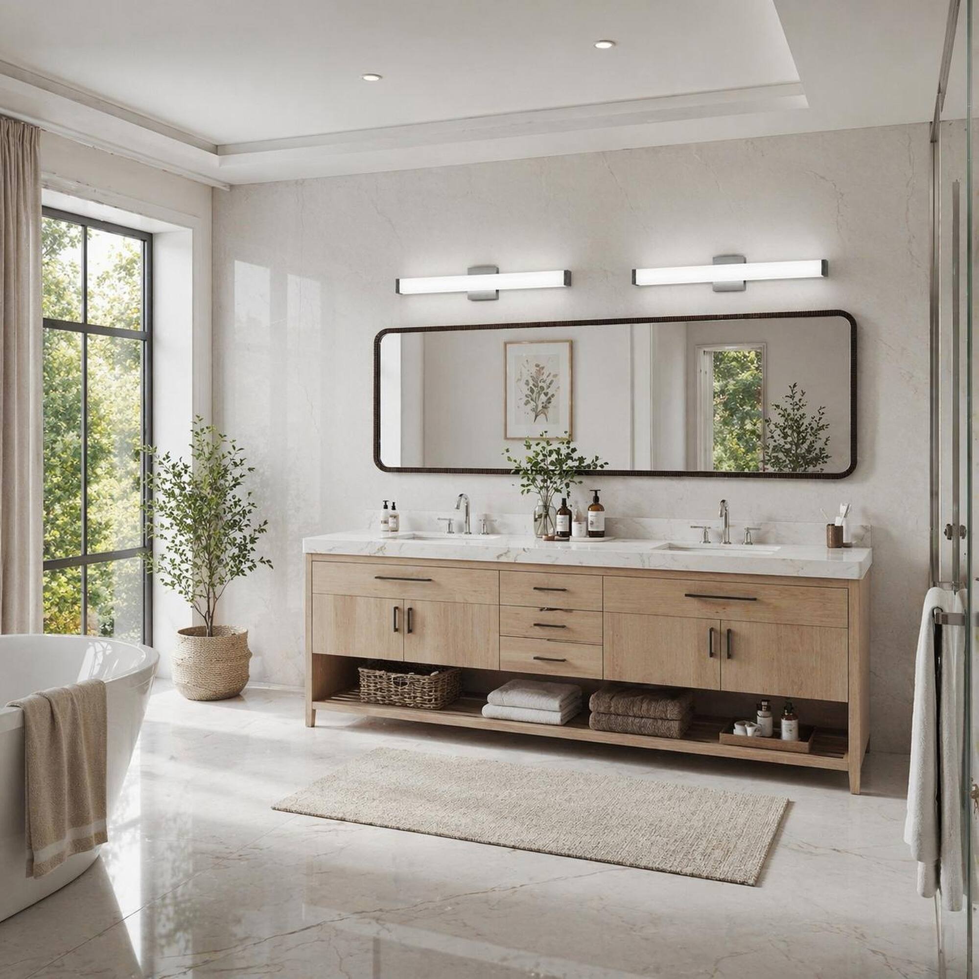 Left. RYHNUYNE - Modern Brushed Nickel LED Bathroom Vanity Light Bar, 25-Inch, 14W Cool White 6000K, Wall-Mounted Fixture for Mirror.