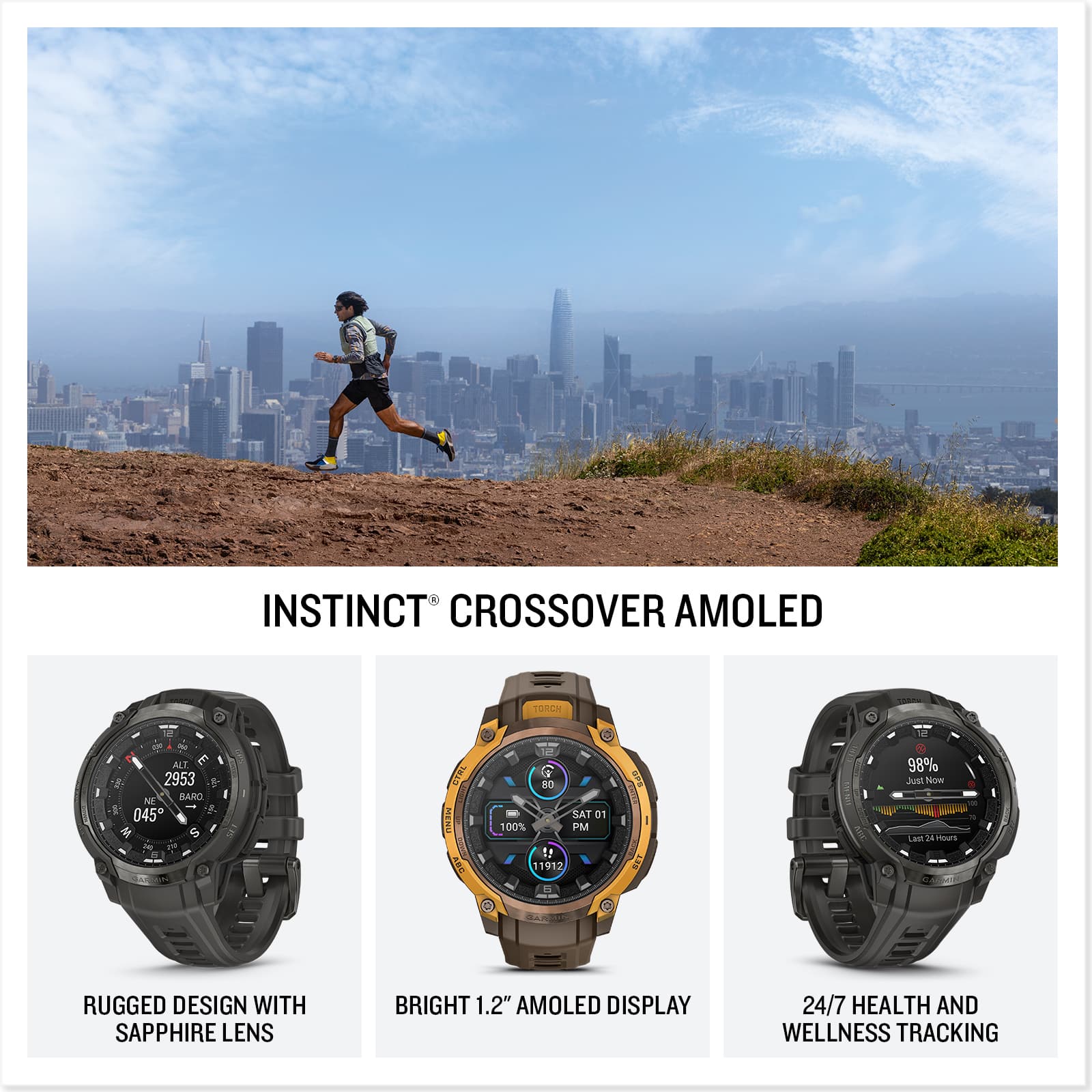 Garmin Instinct Crossover AMOLED GPS Smartwatch 47 mm Fiber